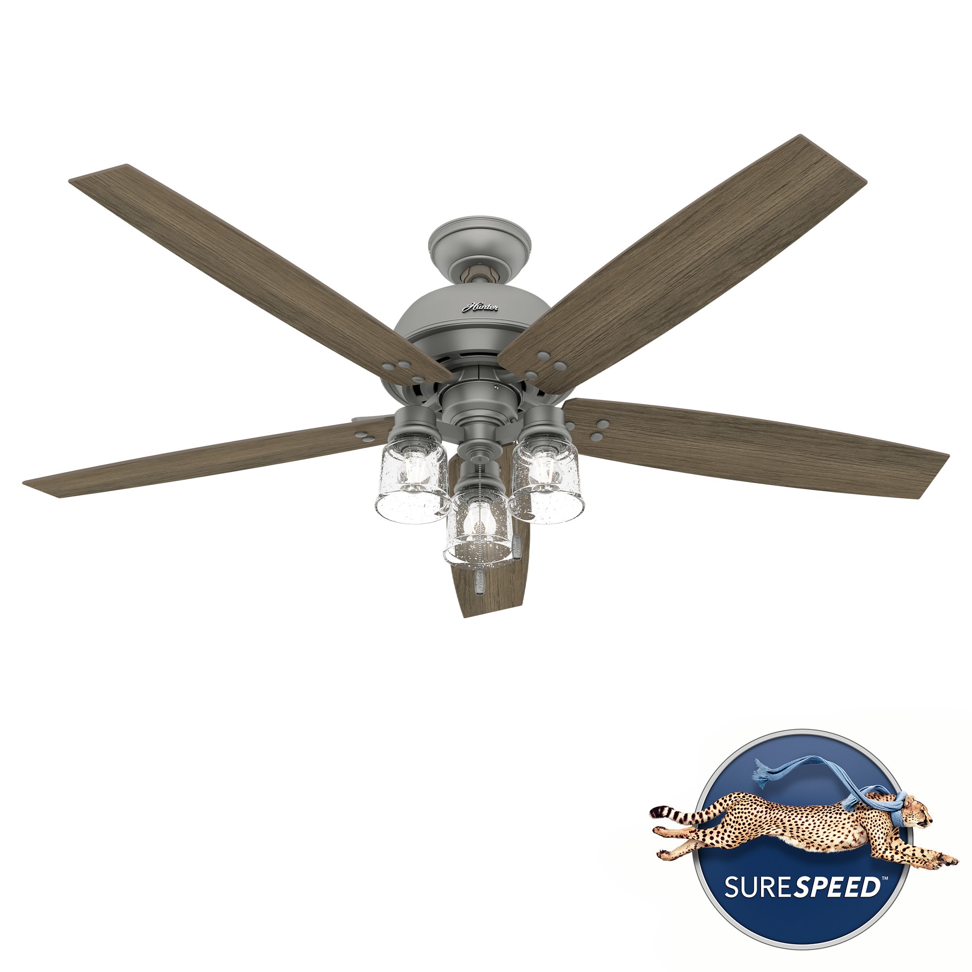 Hunter 51199 Churchwell 60-in Matte Silver with Warm Grey Oak Blades Ceiling Fan With Light ( 5 -Blade )