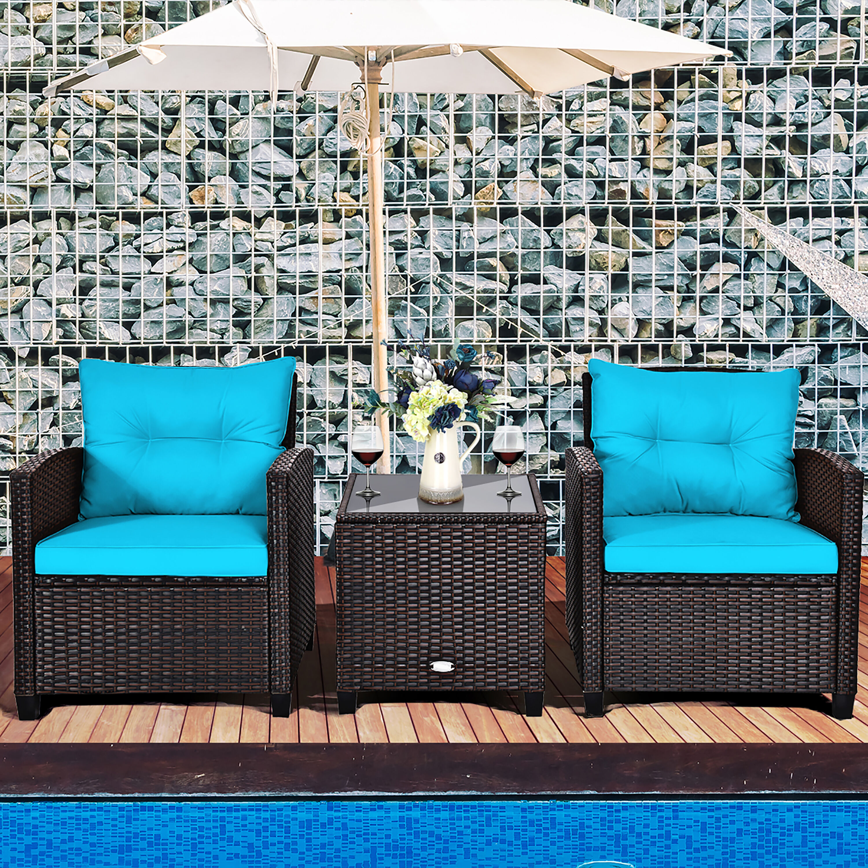 Turquoise Cushioned Rattan 3-Piece Patio Conversation Set