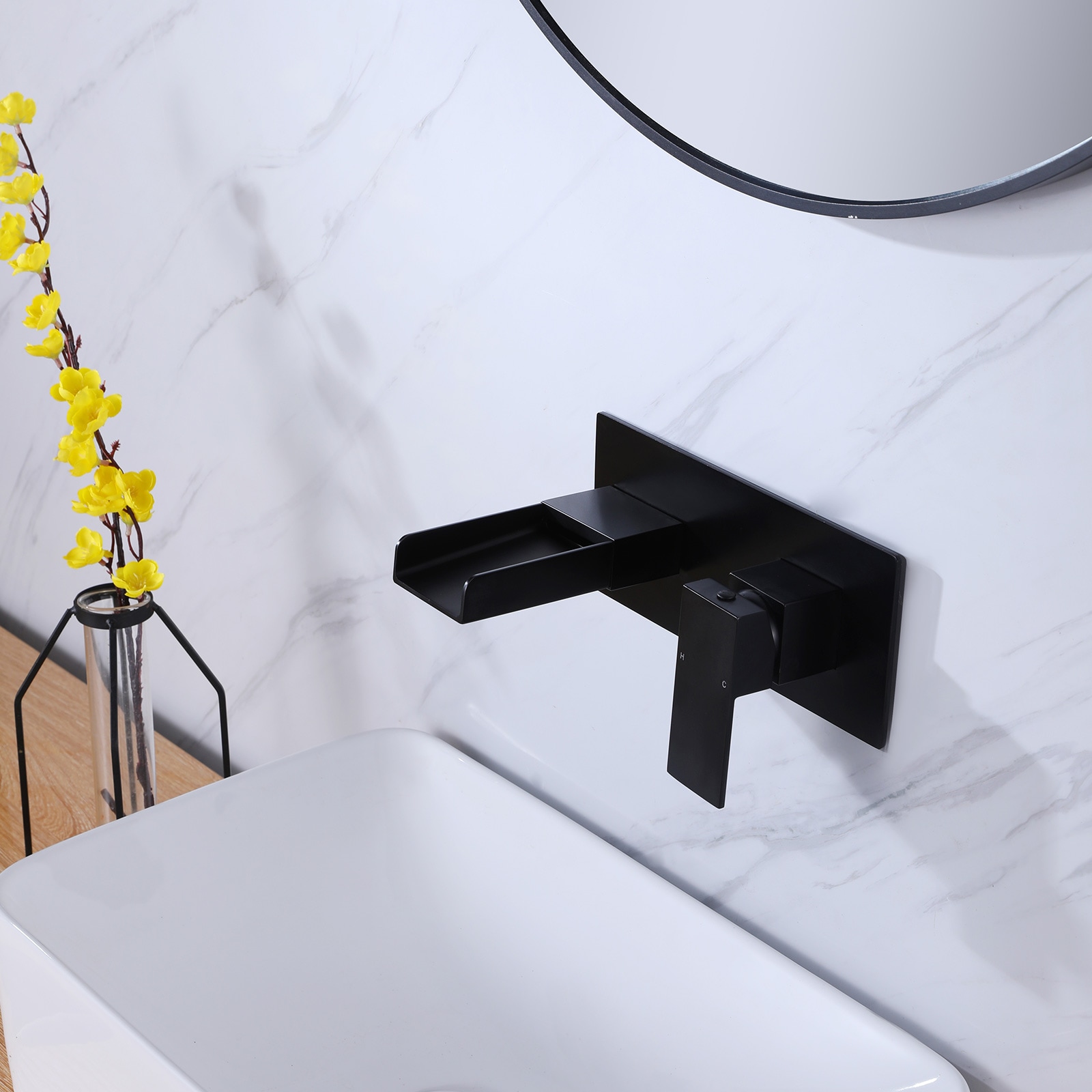 Matte Black Wall-Mount Single-Handle Waterfall Bathroom Faucet