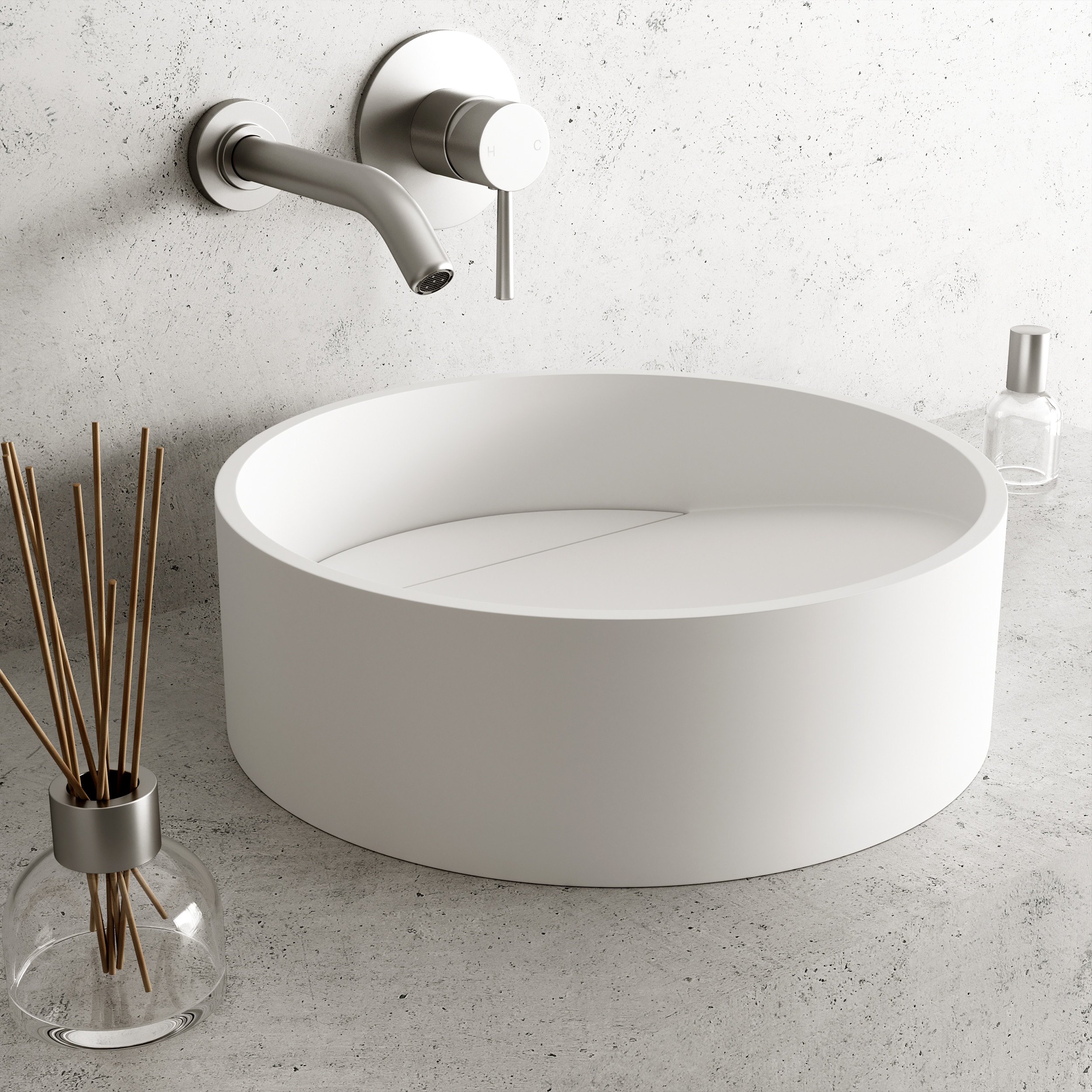 Matte White Round Stone Above-Counter Vessel Sink, 15-inch