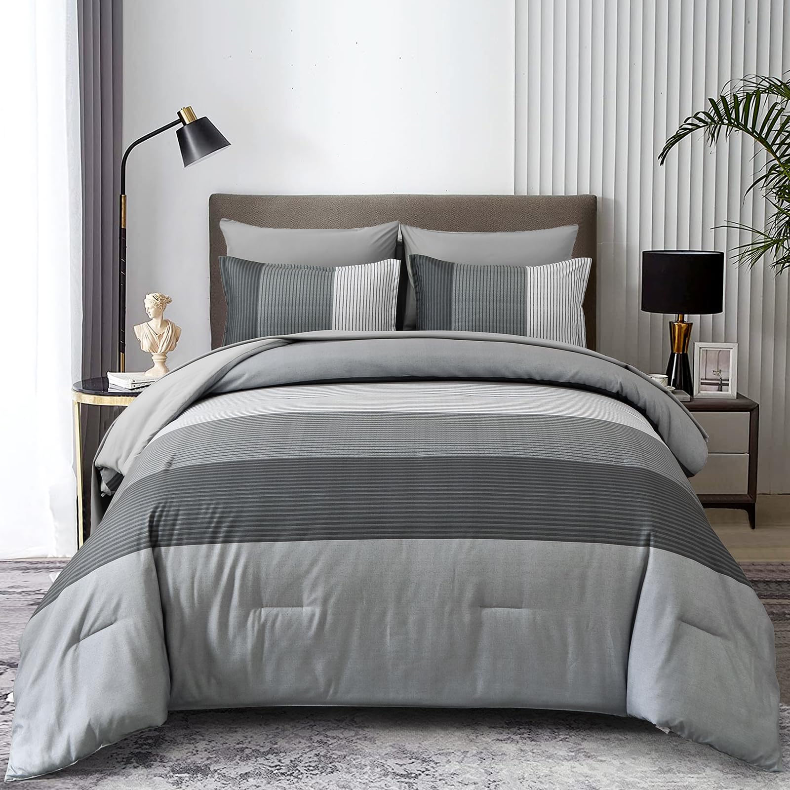 OMOMMD Grey King 7 Piece Striped All Season Microfiber Bed In A Bag Bedding Set #5749848218202