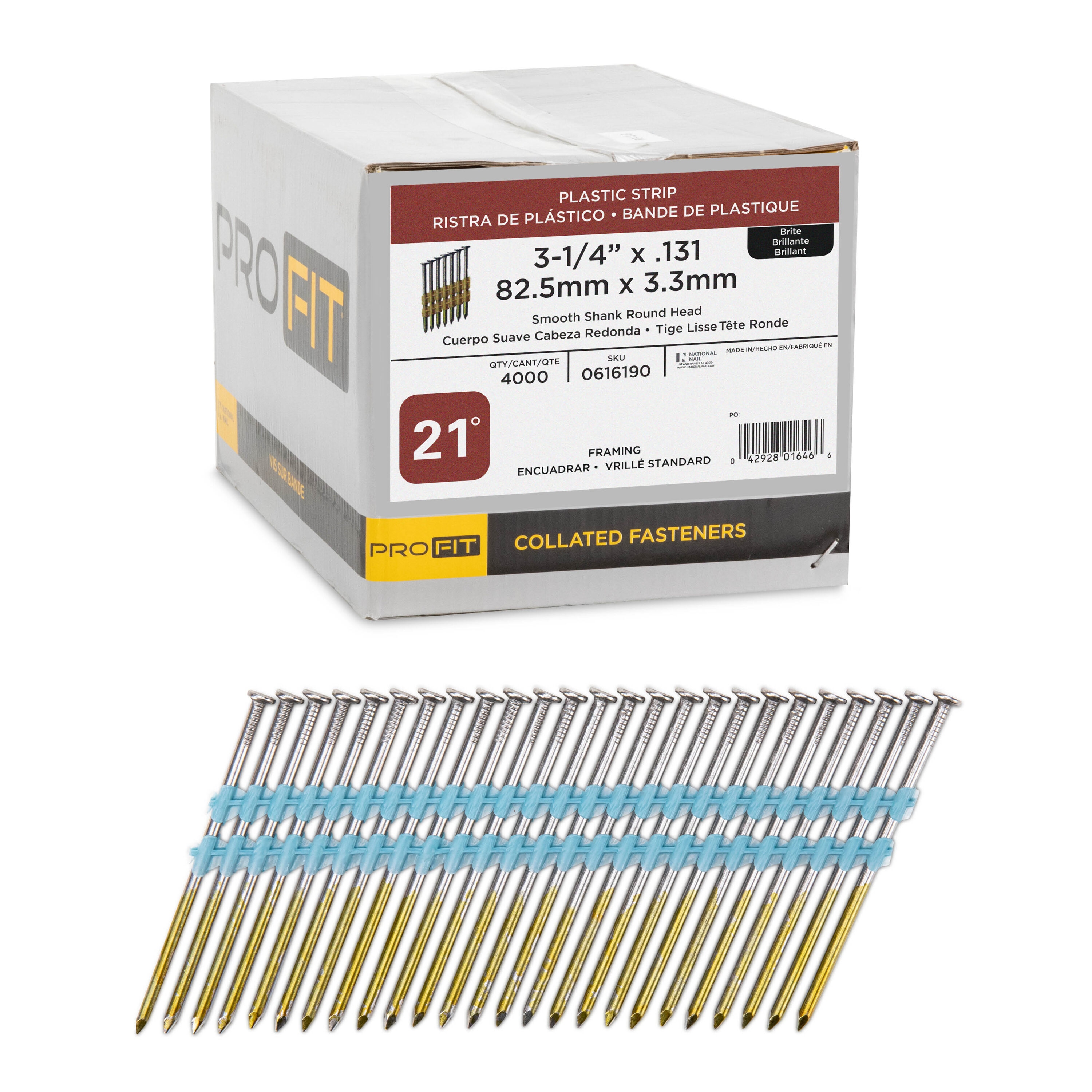PRO-FIT 0616190 3-1/4-in x 0.131-Inches 21 -Degree Bright Smooth Shank Collated Framing nails ( 4000 -Per Box )