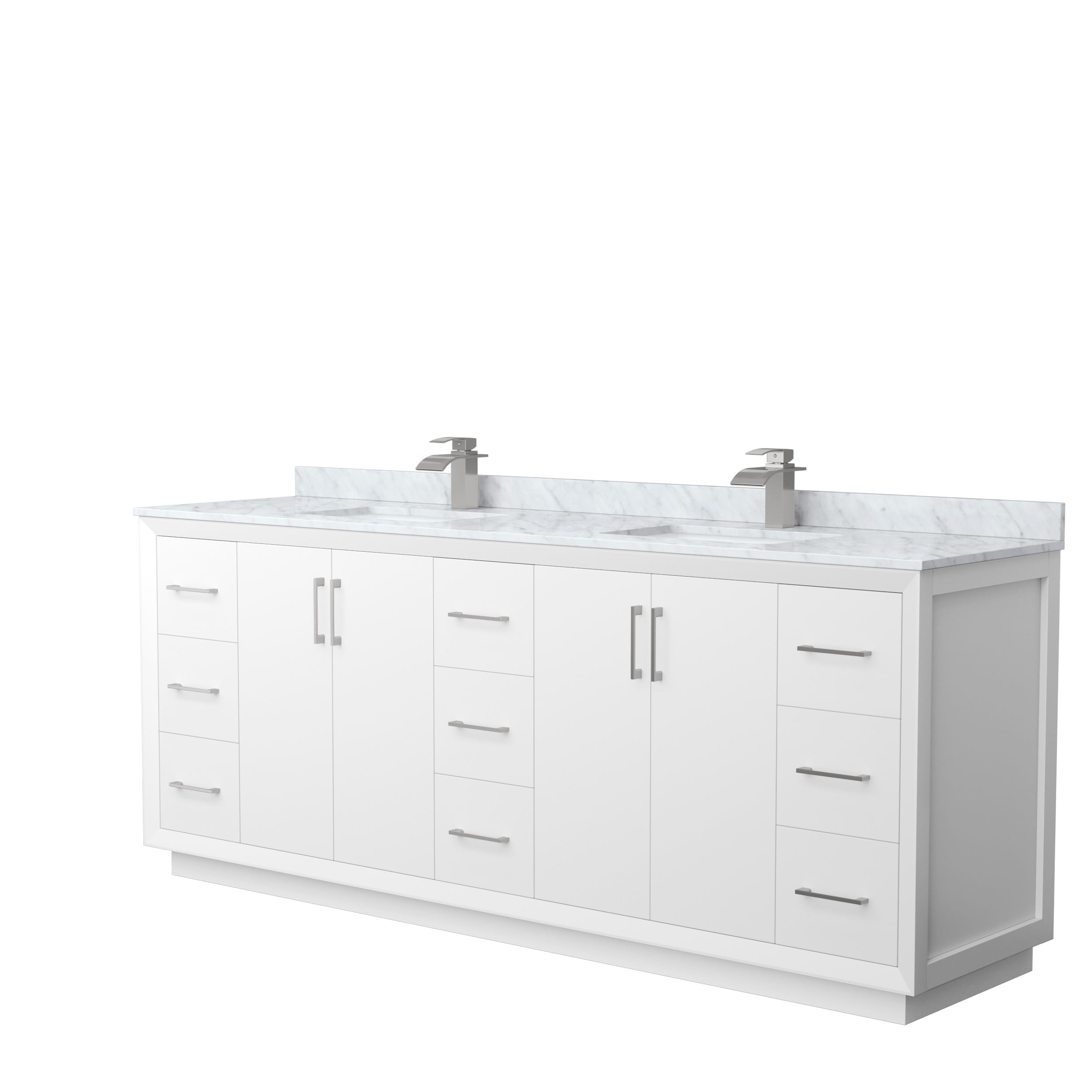 Wyndham Collection WCF414184DWHCMUNSMXX Strada 84-in White with Brushed Nickel Trim Undermount Double sink Bathroom Vanity with White Carrara marble Natural marble Top