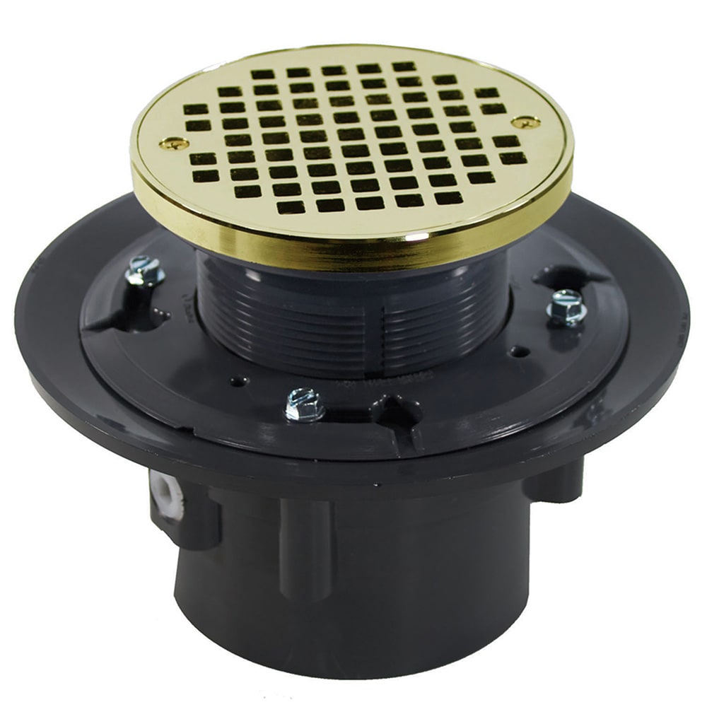 Jones Stephens 3 inch x 4 inch Heavy Duty PVC Floor Drain Base with 3-1/2 inch Plastic Spud, 8-1/2 inch Pan and 5 inch Polished Brass Round Strainer -  D49127