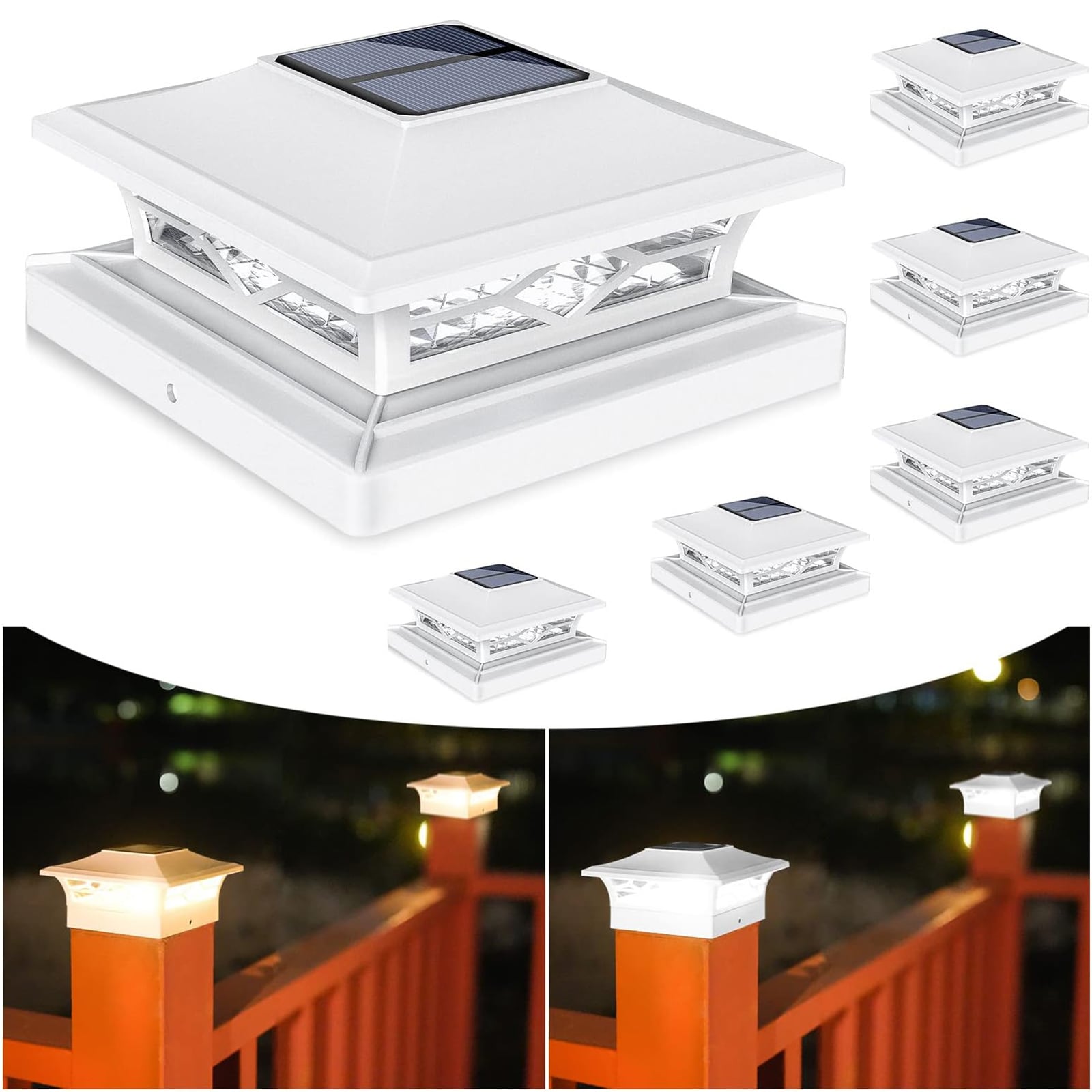 Afoxsos Solar Post Cap Lights 6 Pack Outdoor Deck Fence Lights for 4x4 6x6 Wooden Vinyl Posts Waterproof Warm or Cool White Modes