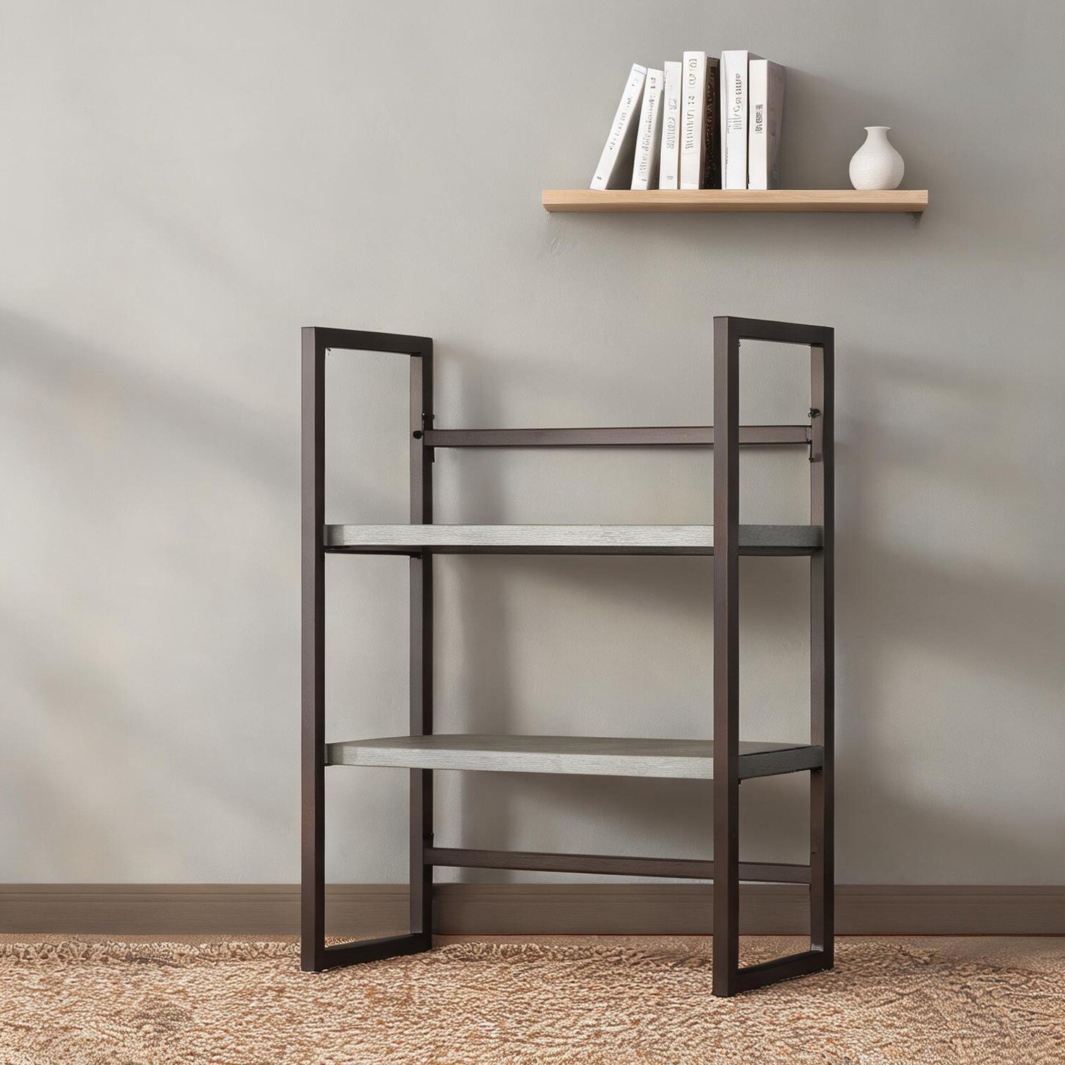 FlowLuxe Wood-tone brown modern library hutch with two open shelves engineered wood and metal frame