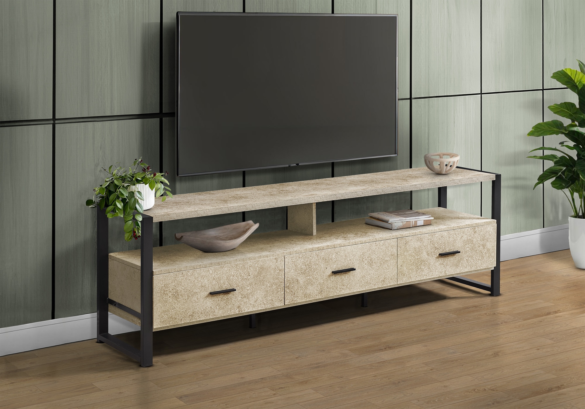 Tatayosi XH-0P287035 72 Inch Cream Stone TV Stand with Three Drawers and Open Shelves for Most Television Sizes