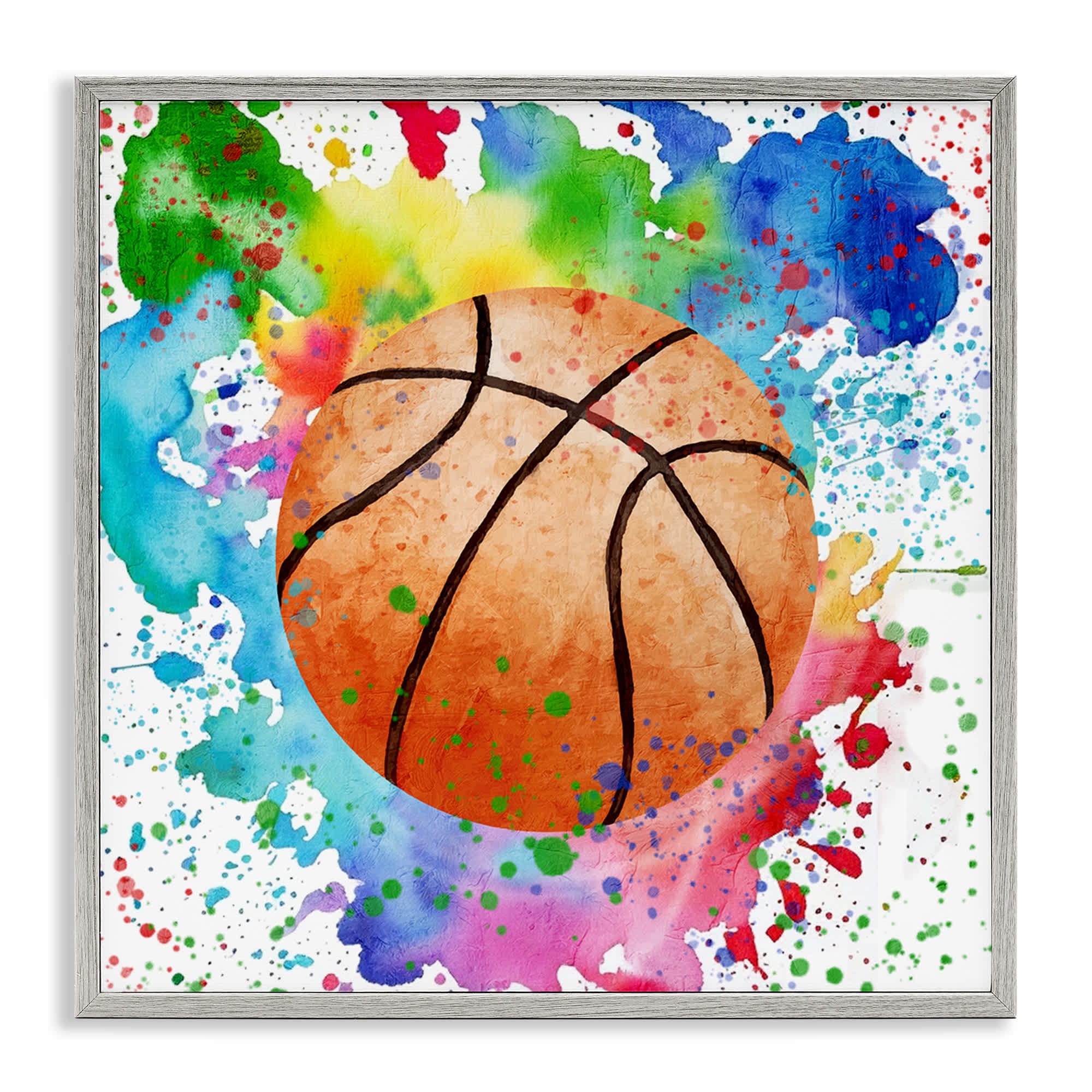 Stupell Industries BS-052-GFF-24X24 Basketball with Bright Splash Gray Framed Giclee Art By Kim Allen 24 x 24