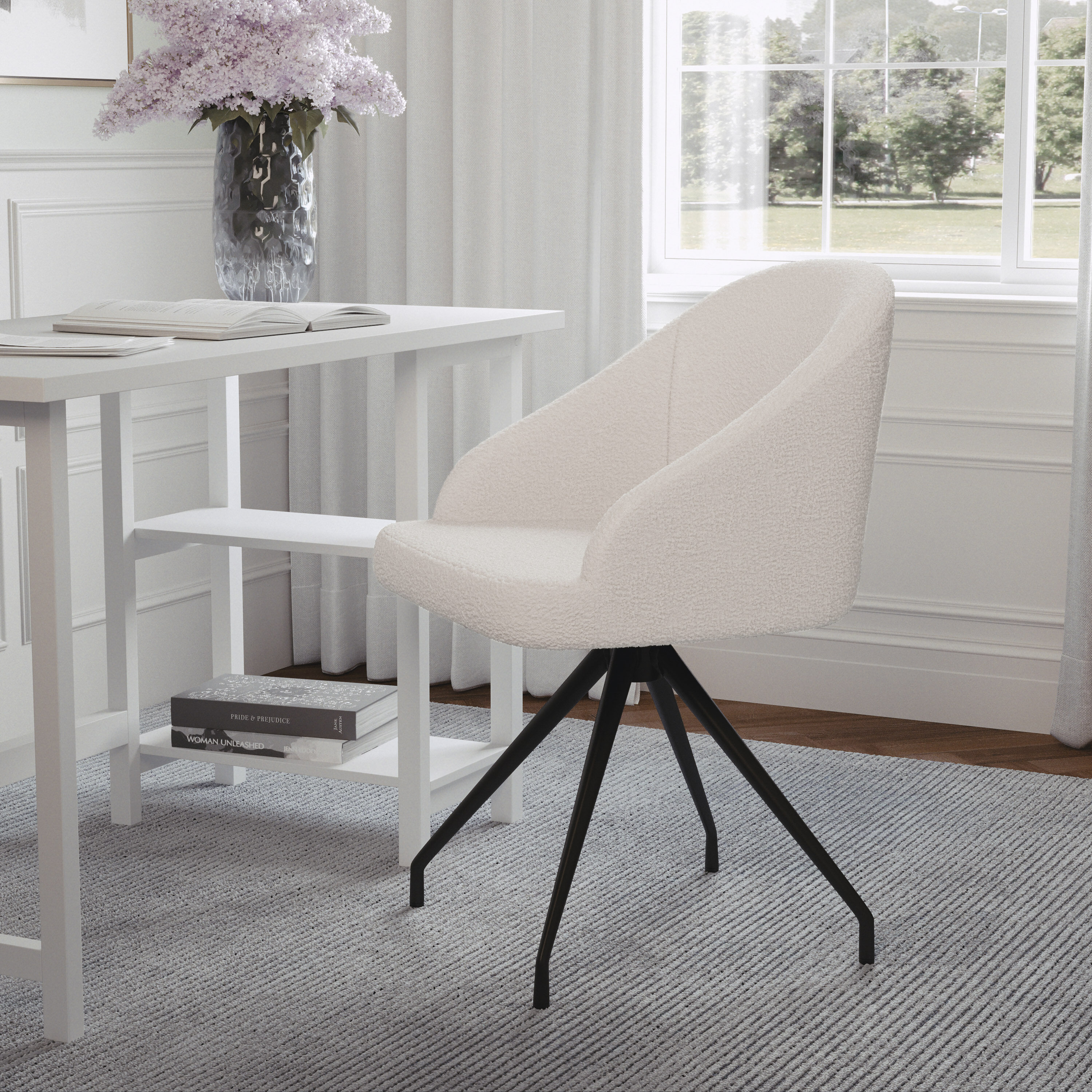 White Boucle Upholstered Office Chair with Oil Rubbed Bronze Frame