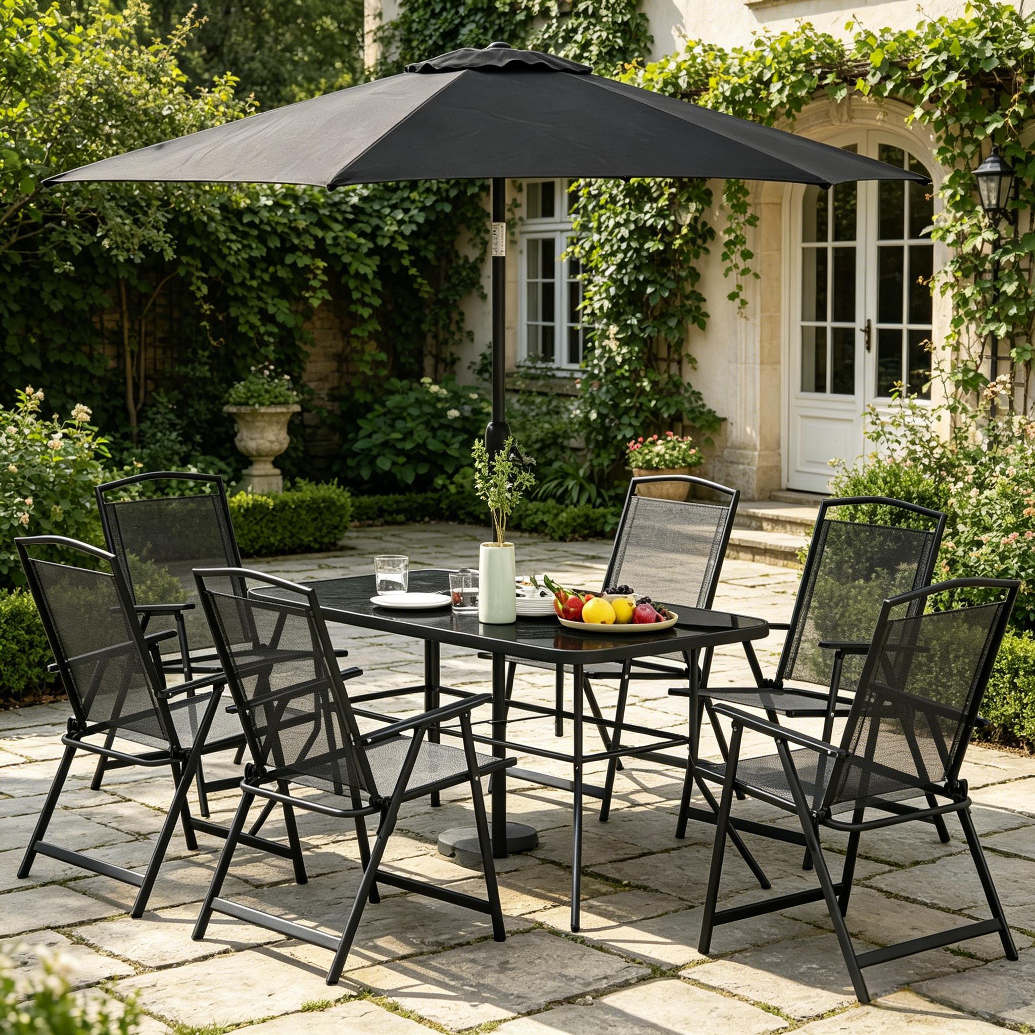 glass table patio set with umbrella BIQWBIC 32" Square Dining Top, Hole, All-Weather, Easy Assembly : Patio, Lawn & Garden Set includes four lightweight folding chairs LOVMOR 8 Piece Patio Dining
