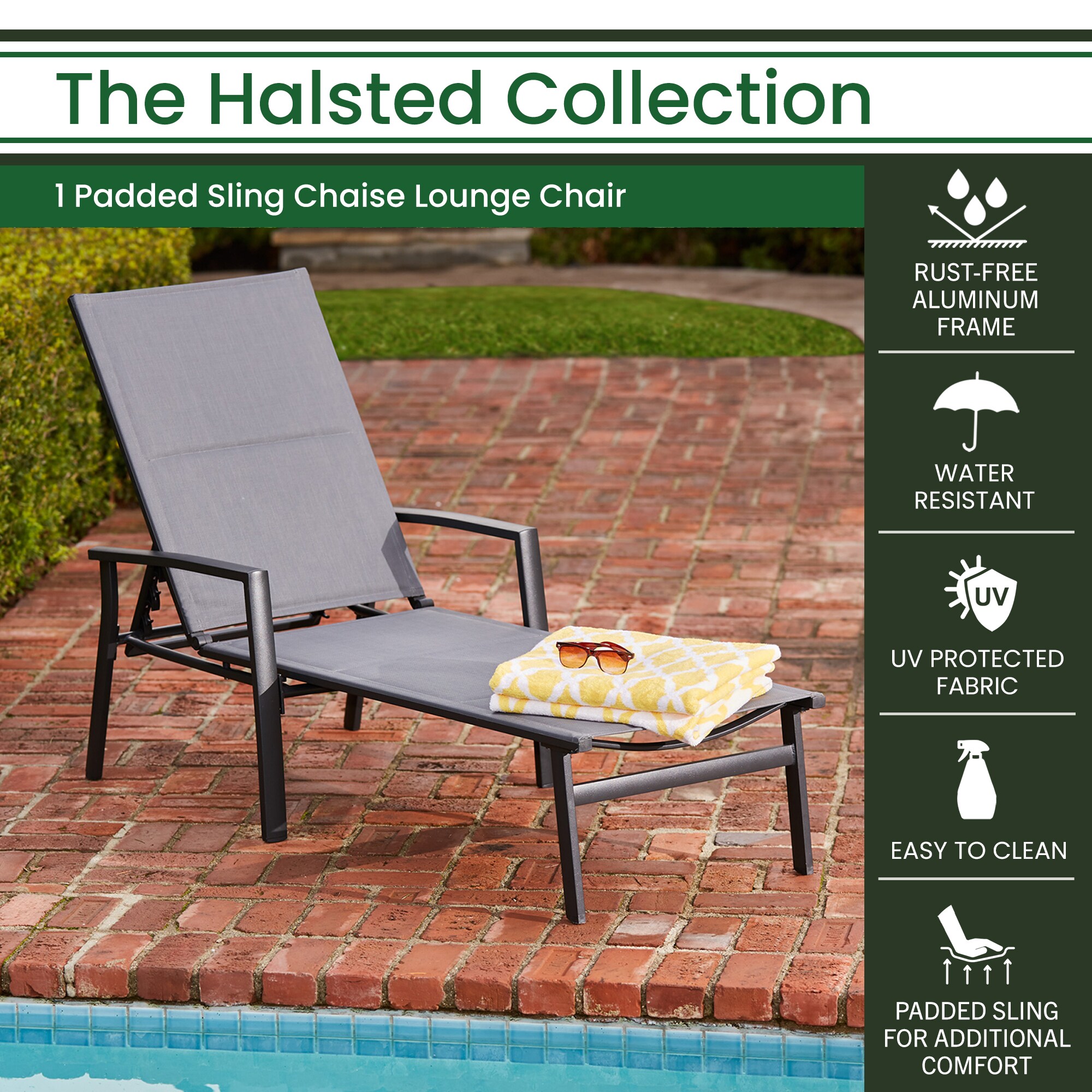 Hanover Halsted Gray Metal Frame Stationary Chaise Lounge Chair