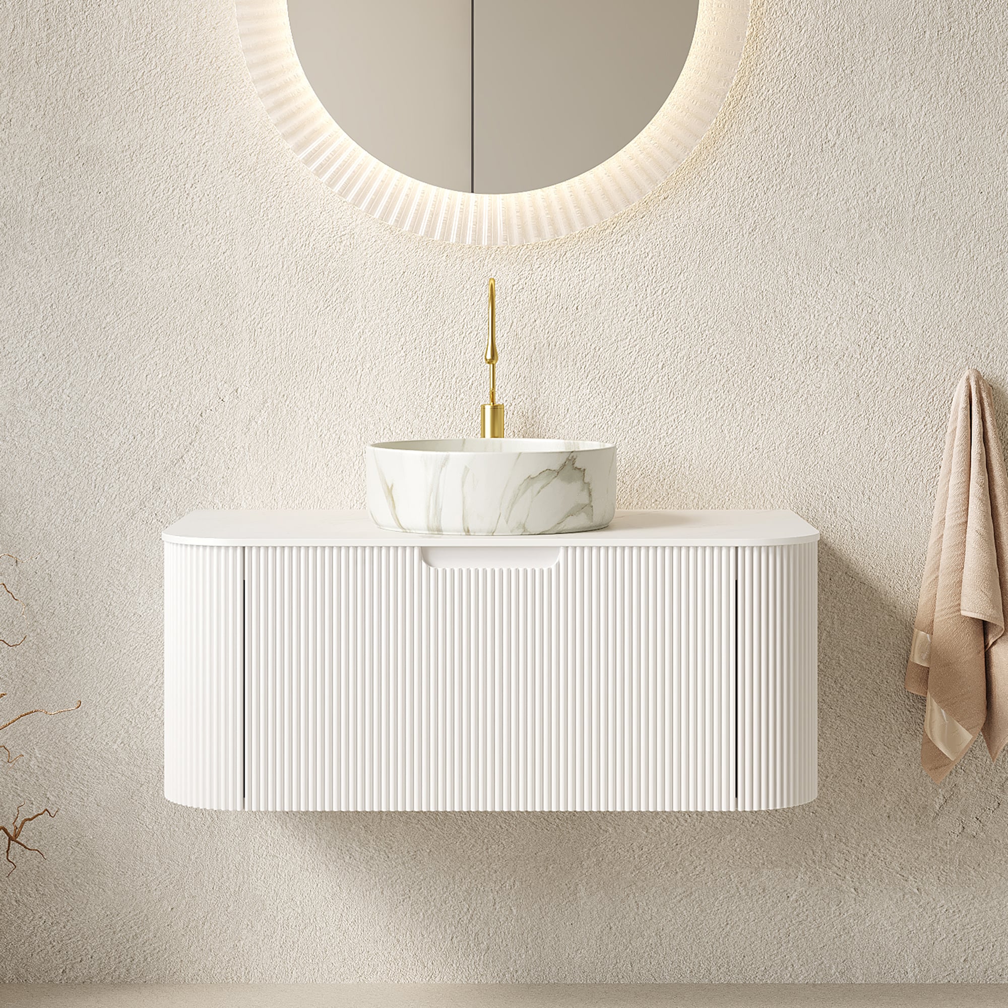 Tinyhomie 36 Inch Floating Bathroom Vanity Curved Striped Cabinet Matte Ceramic Basin Sintered Stone Countertop Pre Assembled