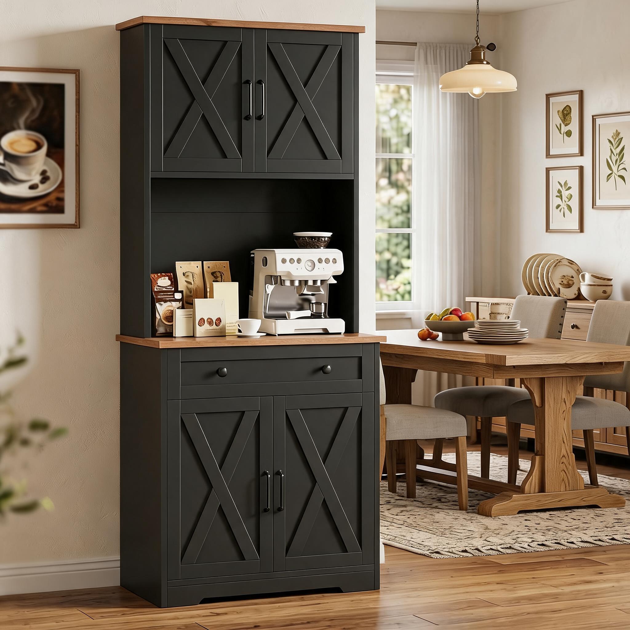 GAOMON 71 In Pantry Cabinet with Charging Station Farmhouse Kitchen Hutch with Microwave Stand and Drawer Black