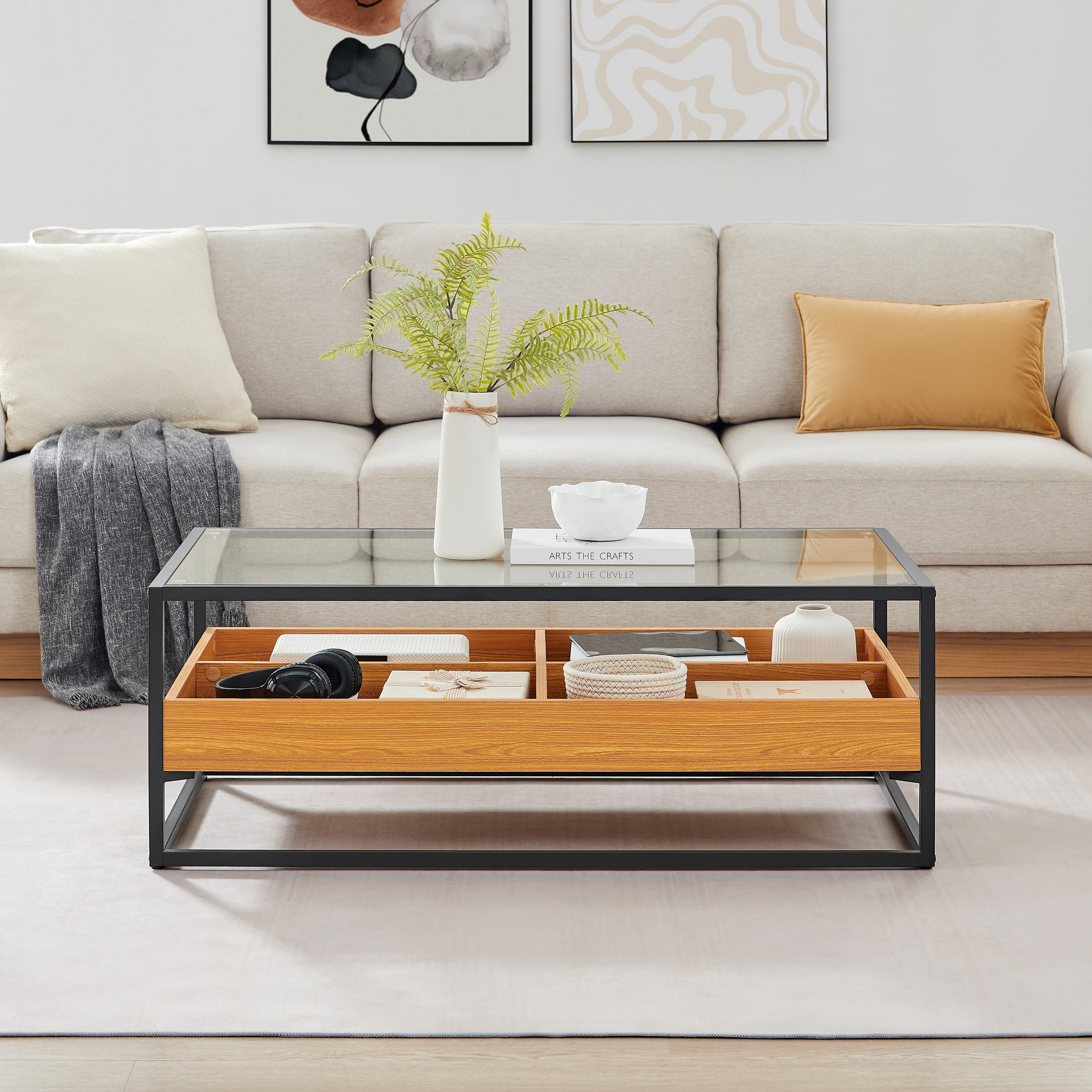 Danya B. RT056GOK Golden Oak Glass Modern Coffee Table with Storage