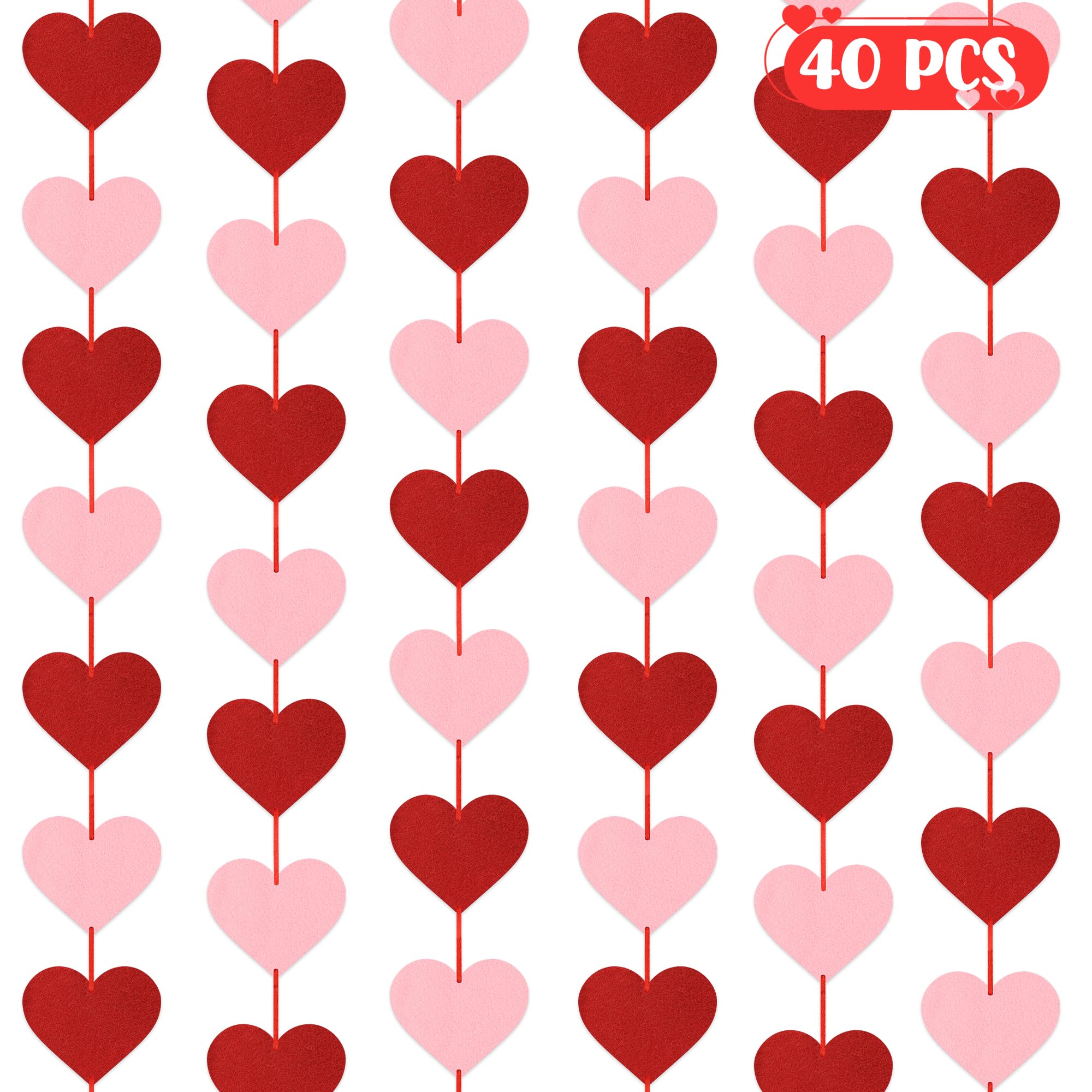 Phewnyzo  4 pack Valentines Day Garland 40 pcs Felt Heart Banner Red Pink Preassembled Vertical Hanging Decoration for Window Ceiling Wall