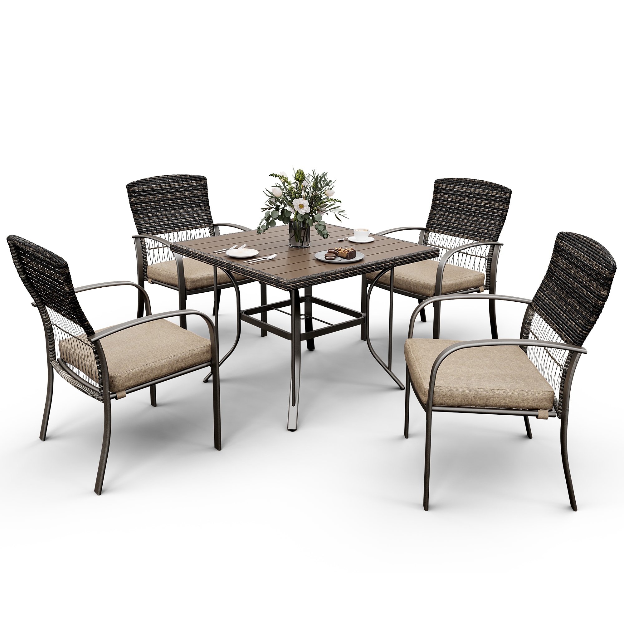 PamaPic TB-CZ-5JT-B-WL1 Patio Dining Sets 7-Piece Brown RatPatio Dining Set Iron Table with 6 Cushions Stationary Chairs