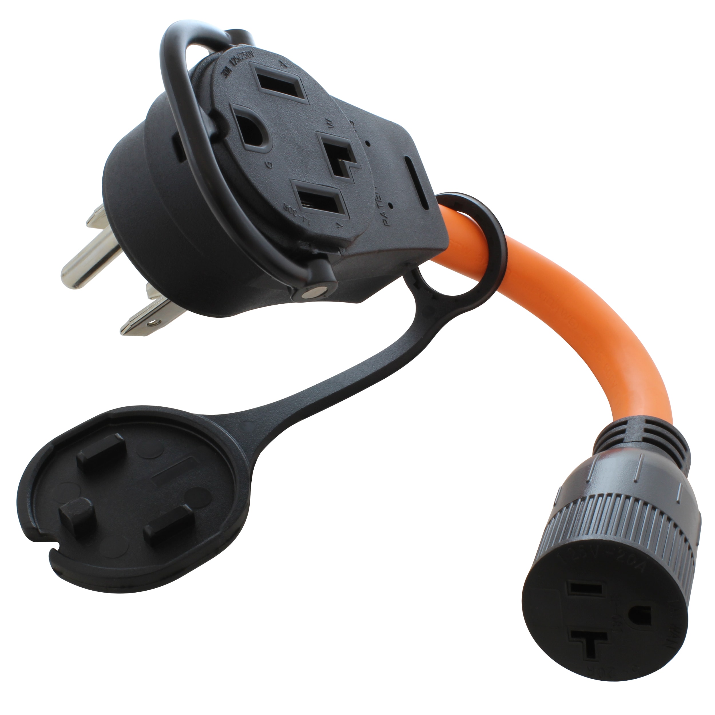 AC WORKS 1FT 14-30 Piggy-Back Plug to 5-20 Connector 30 -Amp 4-wire to 3-wire grounding Single to double Orange Basic Piggy-back Adapter #PB1430520