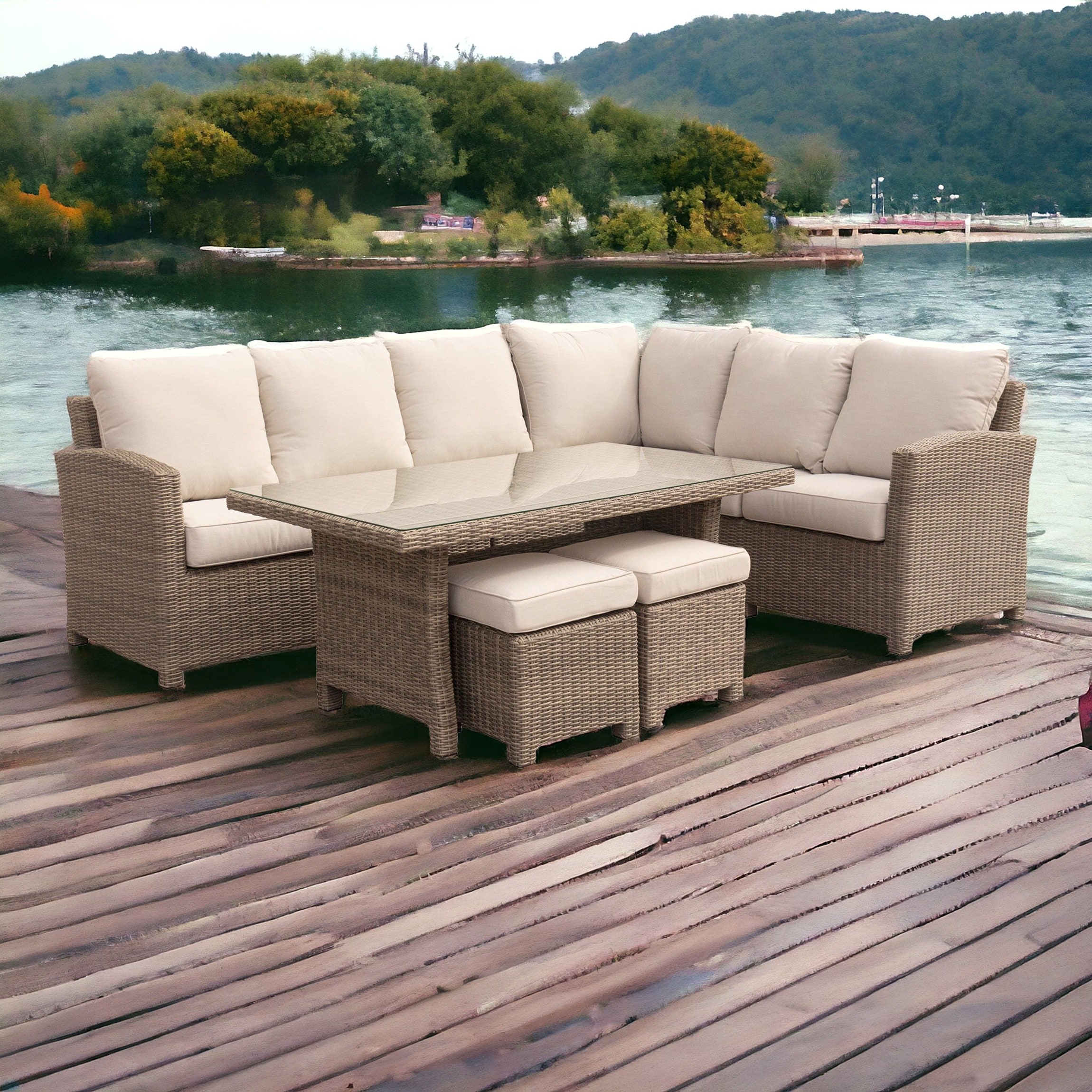 Courtyard Casual 5843 Capri 7-Piece Wicker Patio Conversation Set with Tan Cushions