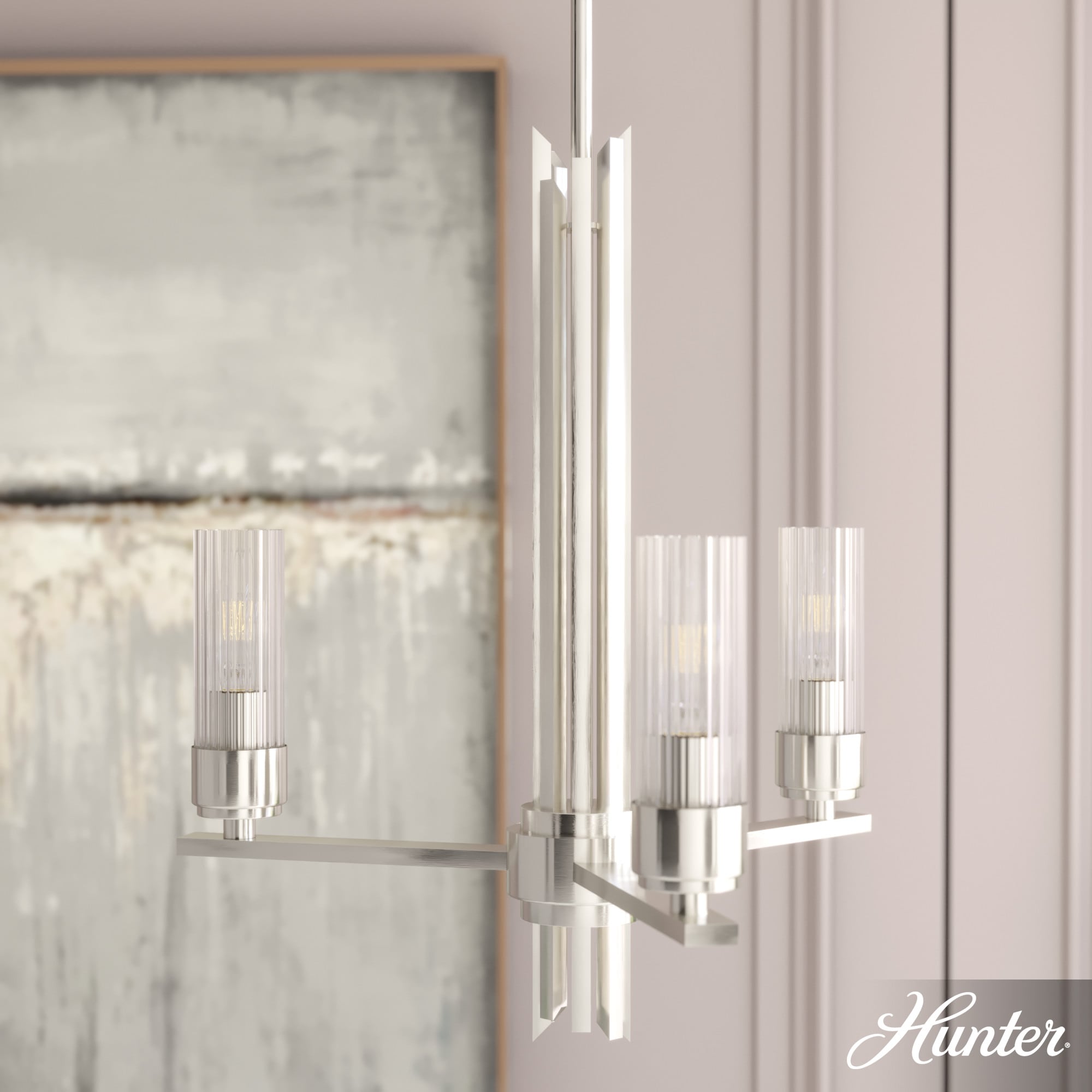 Hunter 19782 Gatz 3 -Light Brushed Nickel Modern/contemporary For Use in Bedrooms, Dining Rooms, Foyers, Kitchens, Living Rooms Chandelier