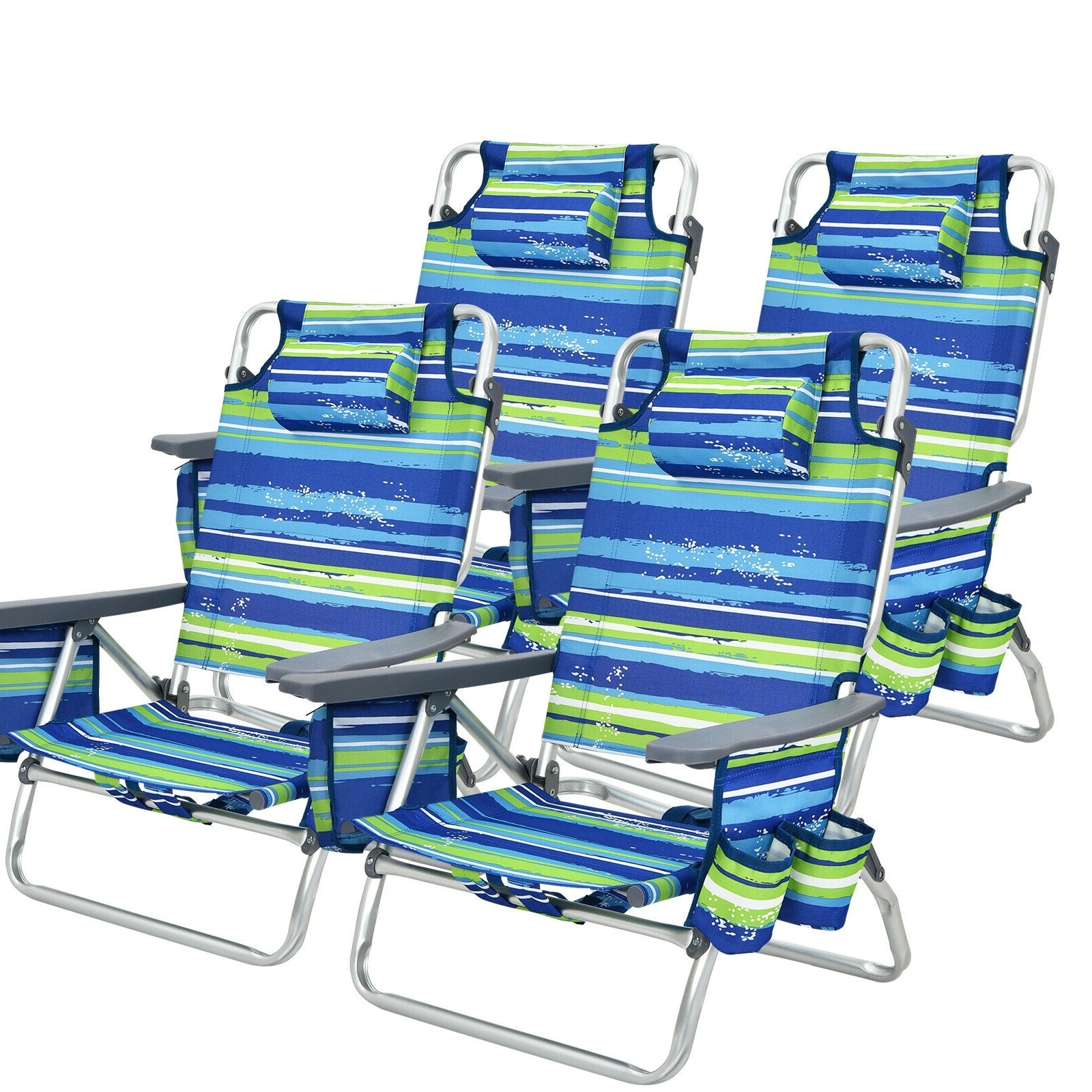 Slickblue - Set of 4- Folding Backpack Beach Chair with Pillow- PVC Aluminum (5-Position Adjustab...