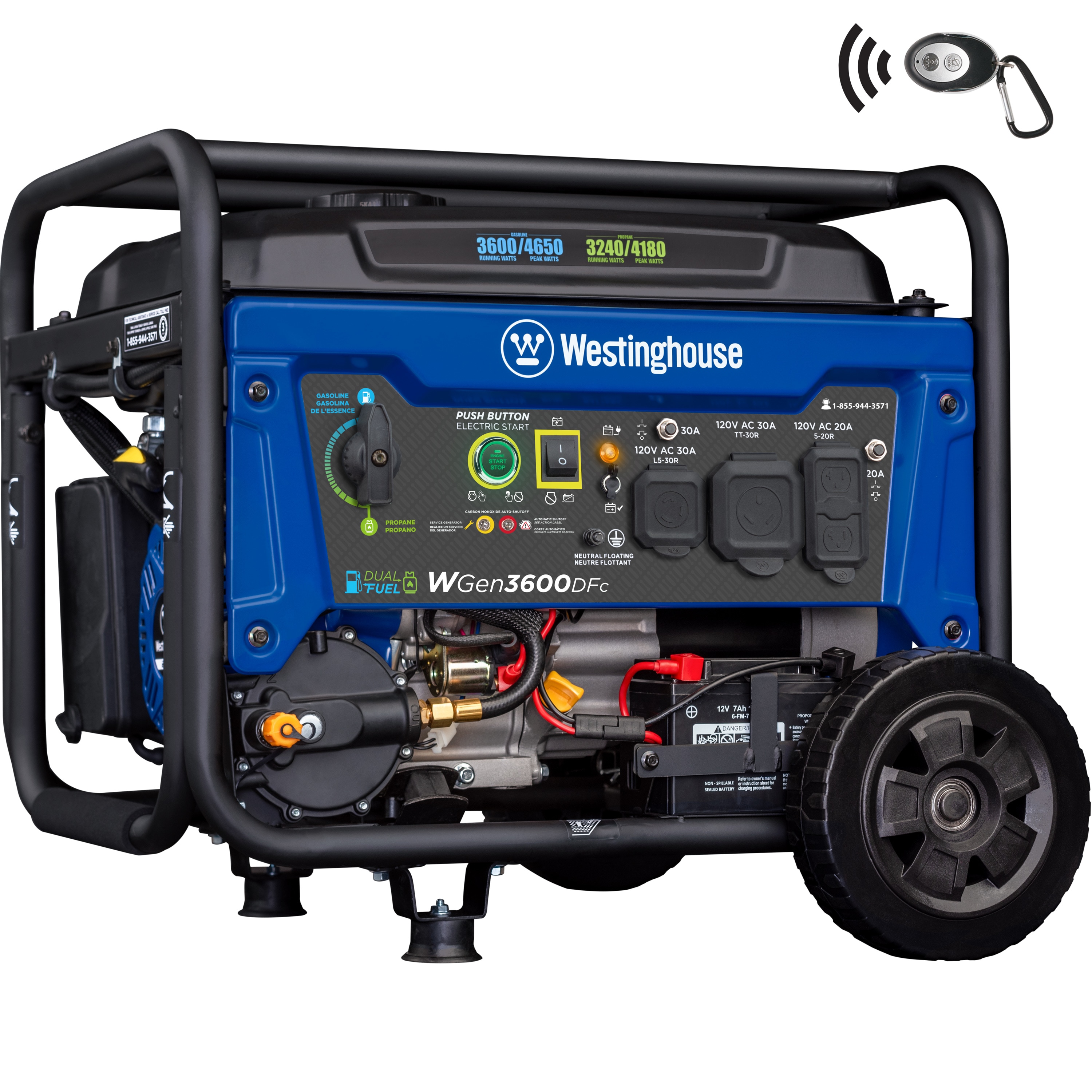 Westinghouse WGen3600DFc Remote Electric Start 4650 / 3600 -Watt Gasoline/Liquid propane Dual fuel Portable Generator