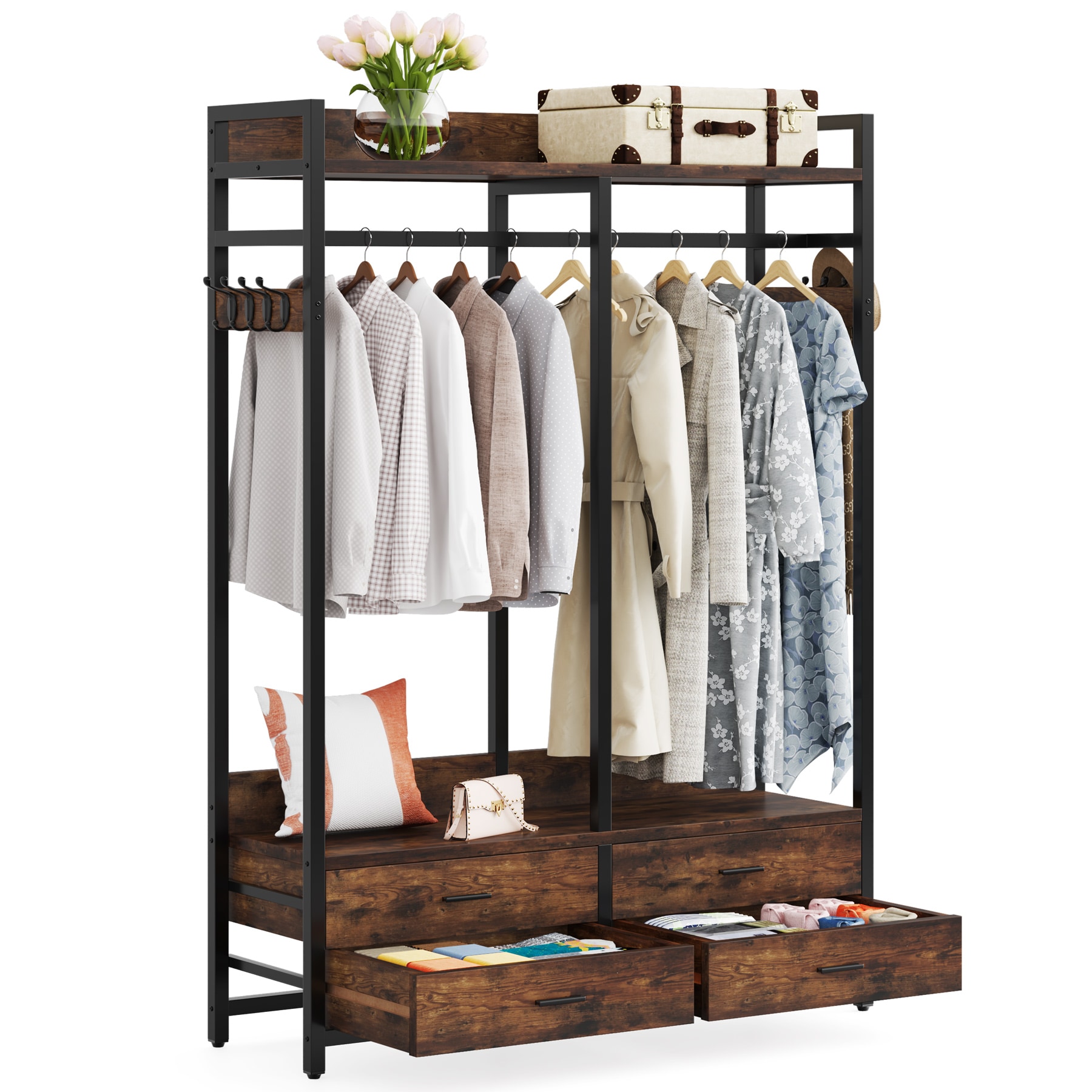 Tribesigns Cynthia White Freestanding Closet Organizer Garment Rack with Shelves and Hanging Rods