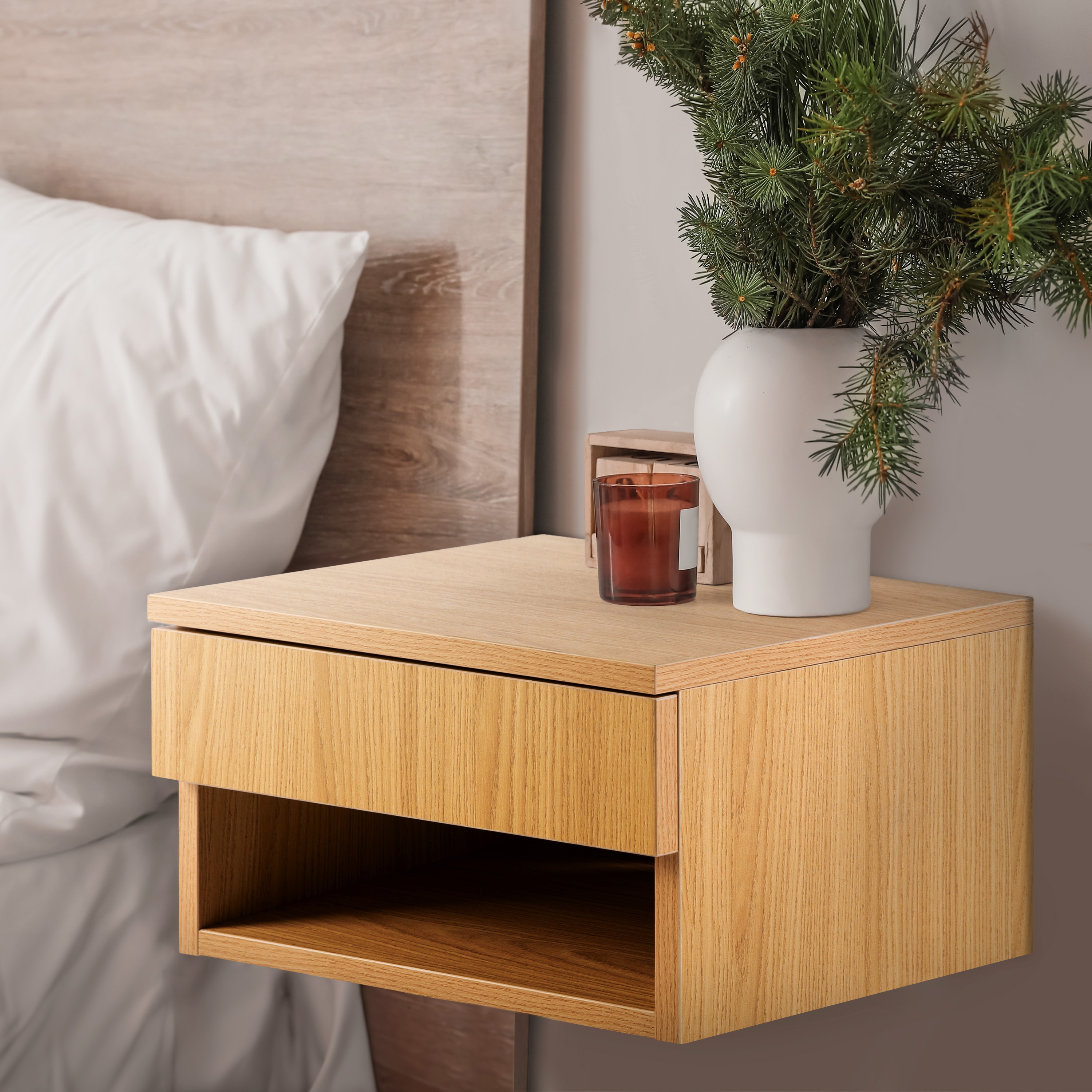 JONATHAN  Y NST2002C Ettore Soft-Close Drawer and Cable Hole Light Oak Rubberwood Nightstand