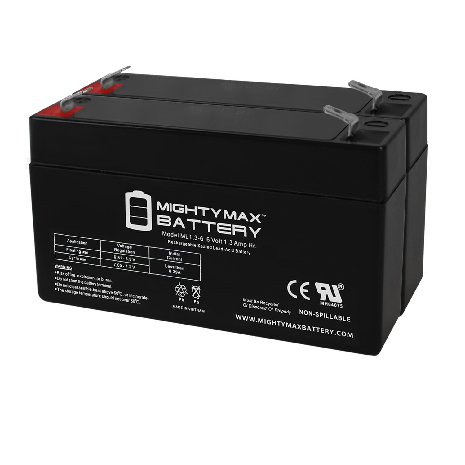 Mighty Max Battery MAX3434512 6V 1.3Ah for WKA6-1.3F Rechargeable Sealed lead acid 613 Backup power Batteries 2 -Pack