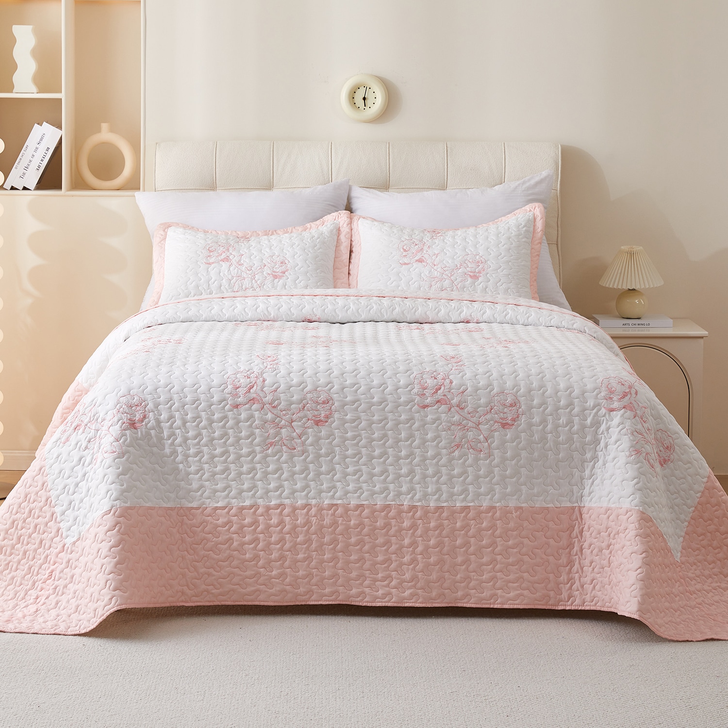 Luupatchy Pink Floral Embroidered Polyester Quilt Set 3 Piece Reversible Bedspread with Pillow Shams King