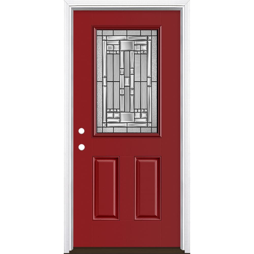 Masonite 3421280 Naples 36-in x 80-in x 4-9/16-in Fiberglass Half lite Right-hand inswing Roma Red Painted Prehung Front Door with Brickmould Insulating core