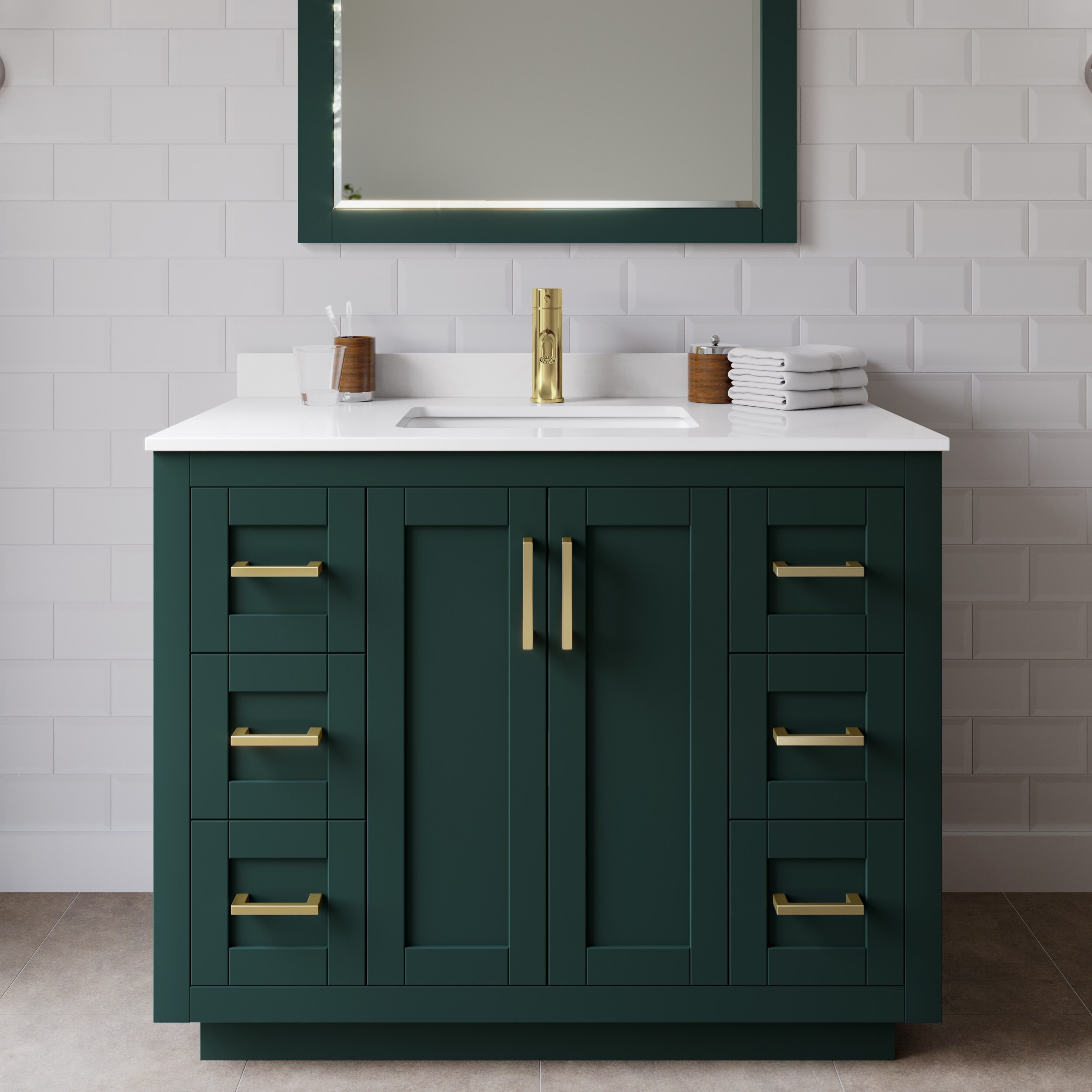 Wyndham Collection WCF292942SGDWCUNSM34 Miranda 42-in Green with Brushed Gold Trim Undermount Single sink Bathroom Vanity with White Cultured Marble Cultured marble Top (Mirror Included)