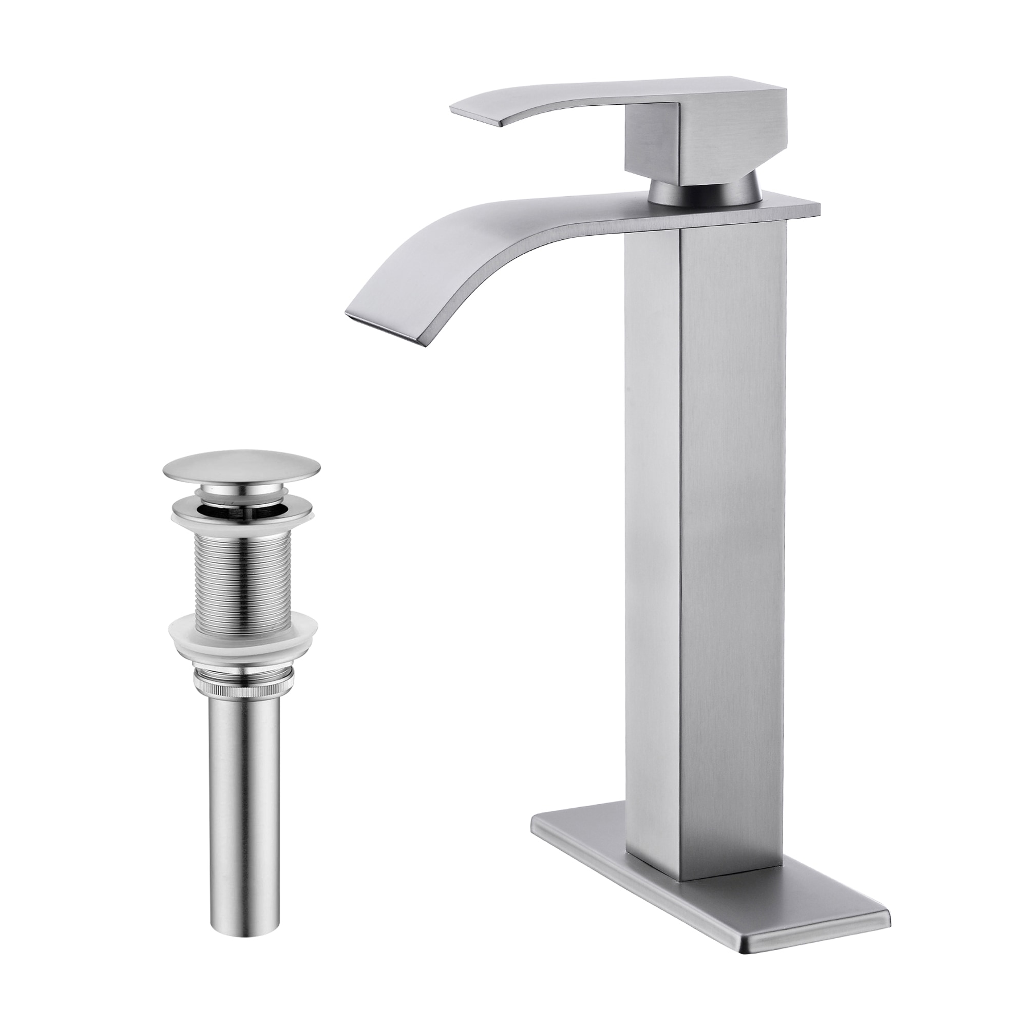 Wooakway - Waterfall Spout Single Handle Bathroom Sink Faucet with Pop Up Drain No Overflow Brush...
