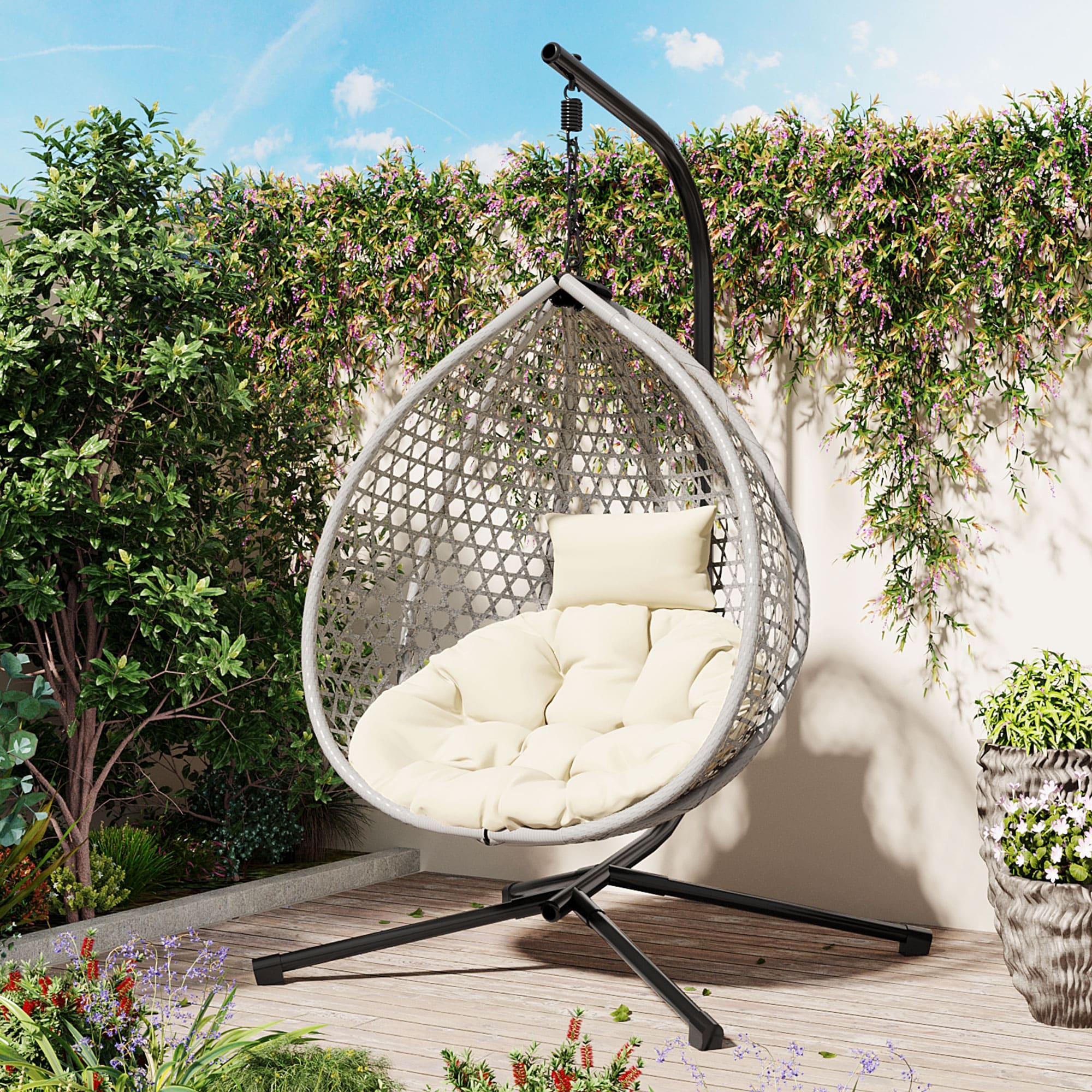 Mondawe MO-US-5131K Rattan Gray HDPE Frame Hanging Egg Chair with Off-white Cushioned Seat