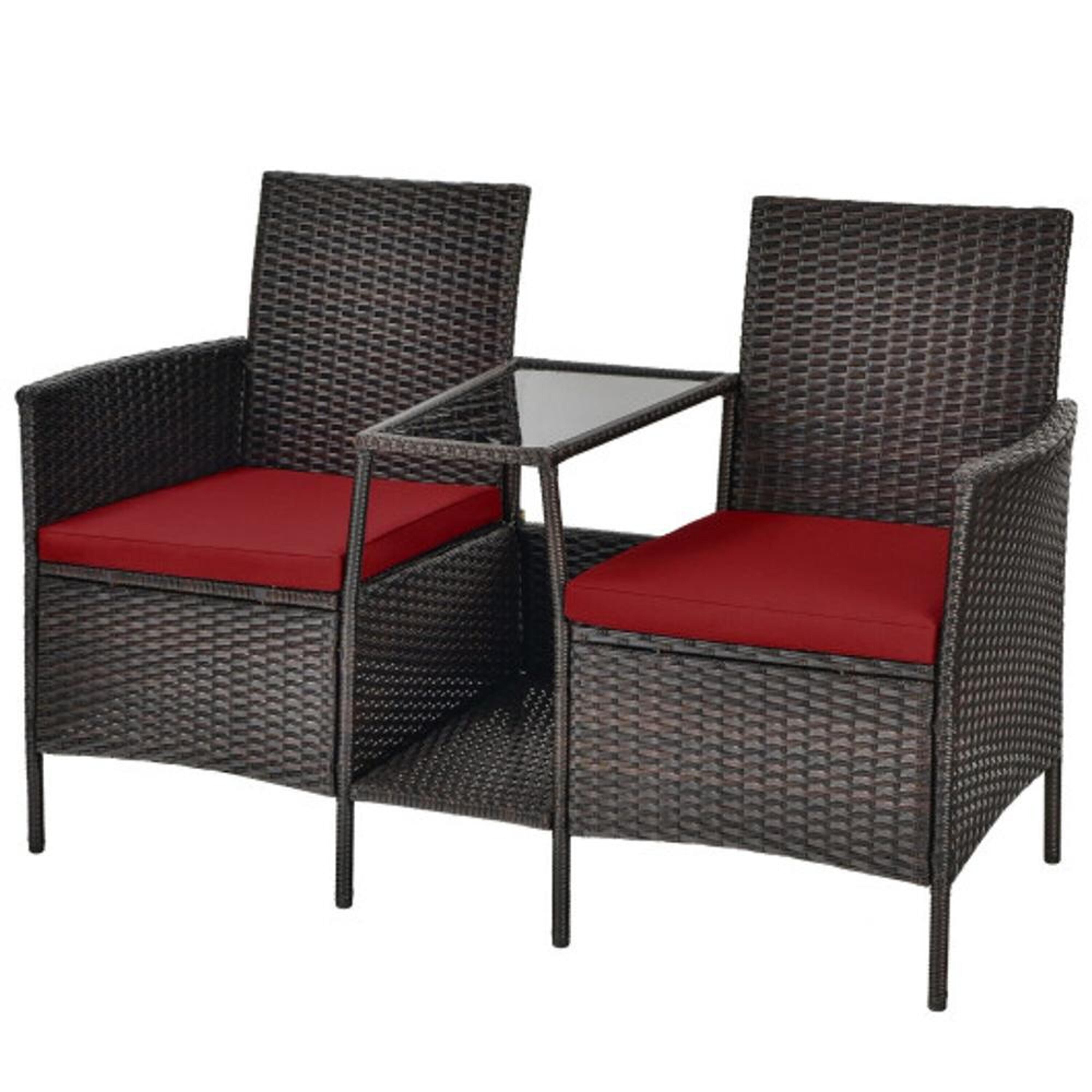 BABOOM BOM-8786RE-CO Rattan Furniture Set Rattan Outdoor Loveseat with Red Cushions and Steel Frame