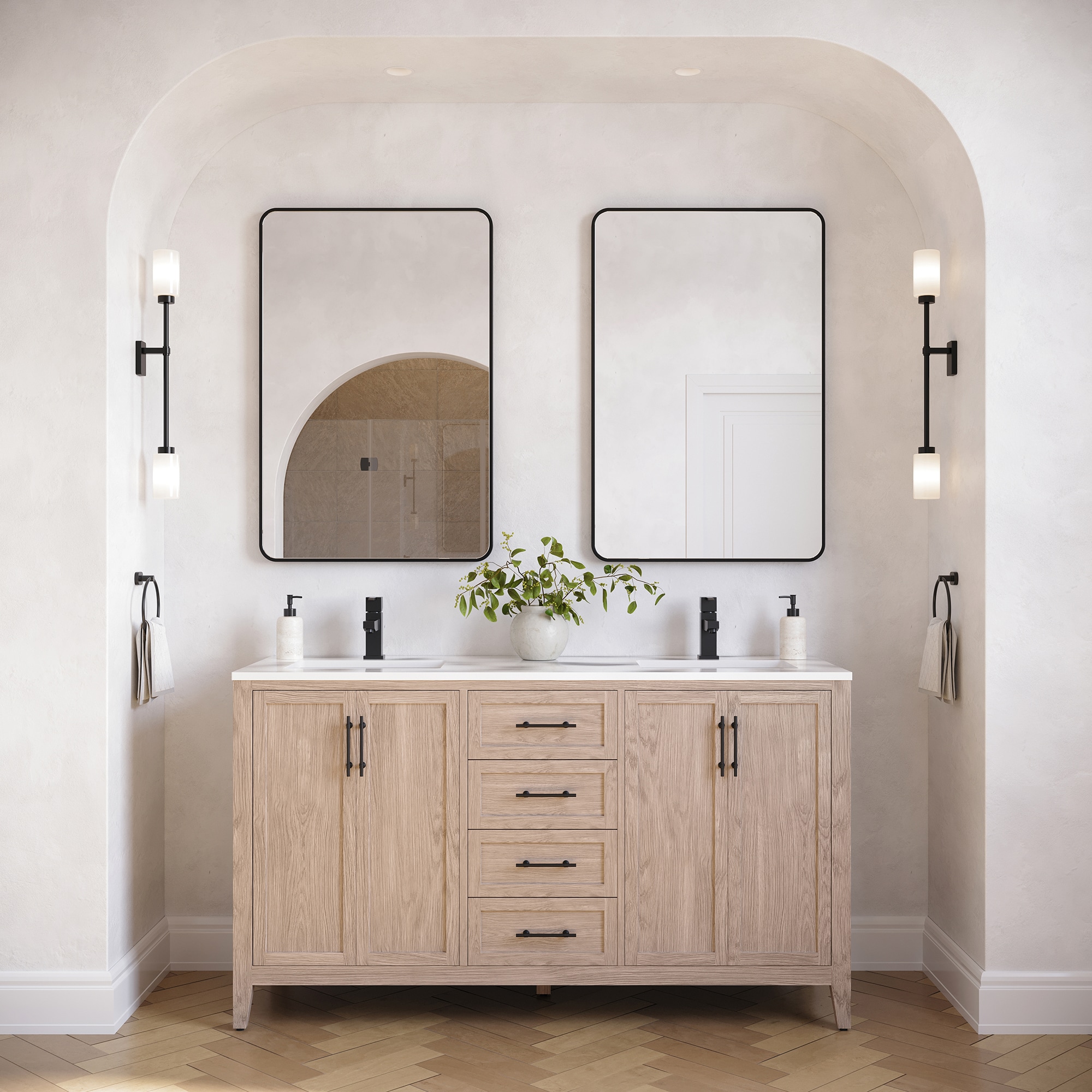 Fresca FCB4260OAK-CWH-U Silas 60-in Vanilla Oak Undermount Double sink Bathroom Vanity with White Quartz Top