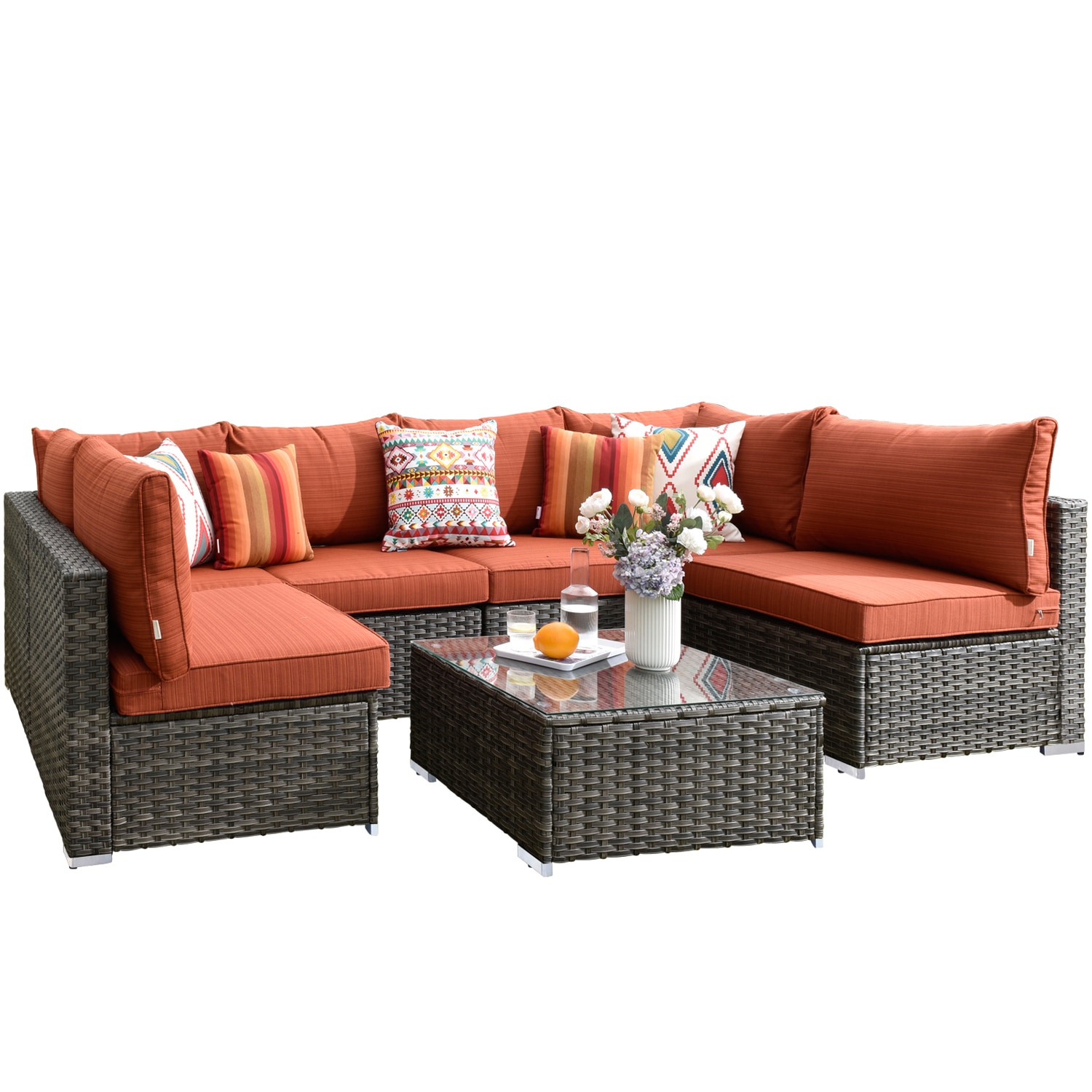 XIZZI XIHOPFPRC80E4 Sunrise 5 -Piece Rattan Patio Conversation Set with Orange Cushions