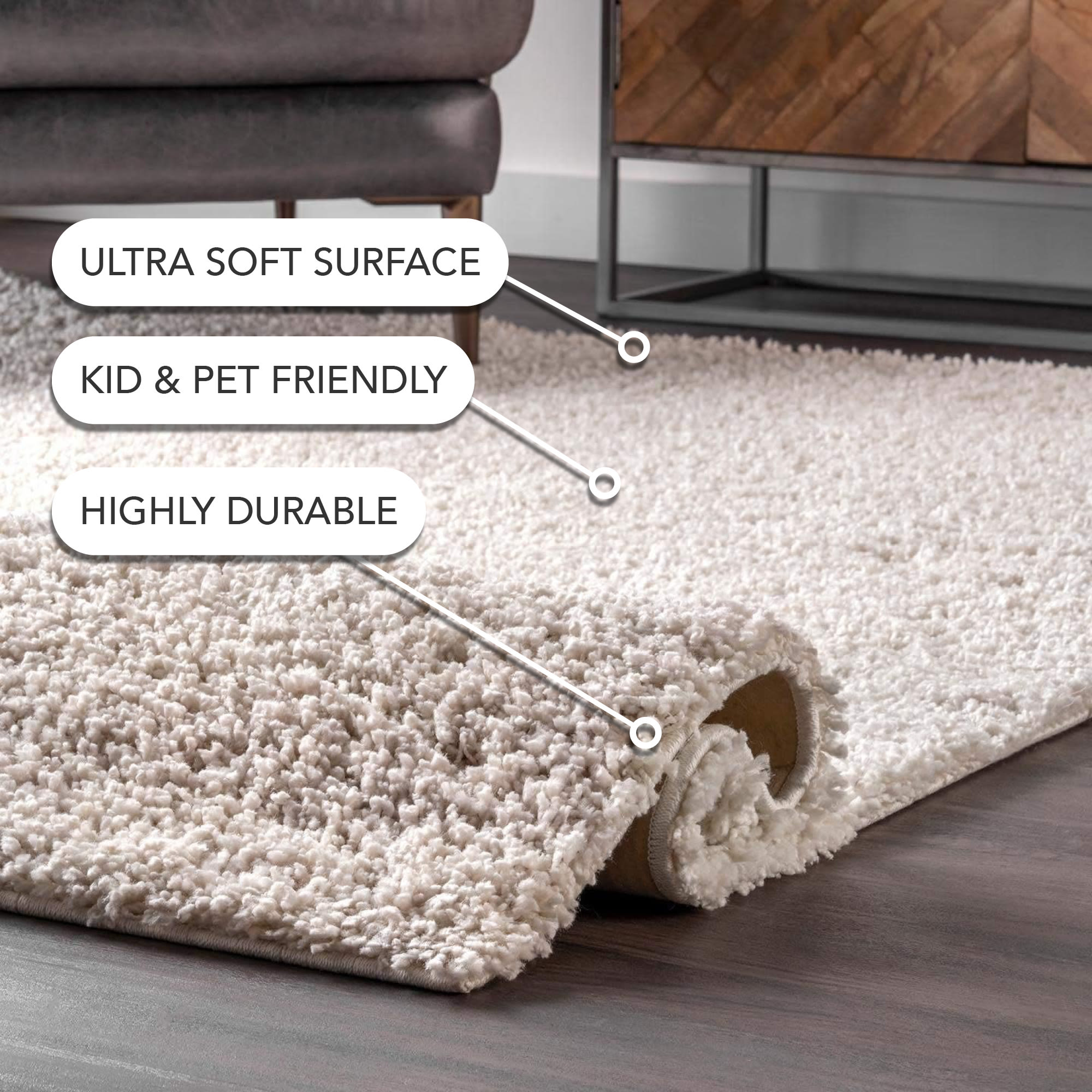 Luxurious Solid White Synthetic Easy-Care Shag Rug, 6'7" x 9'