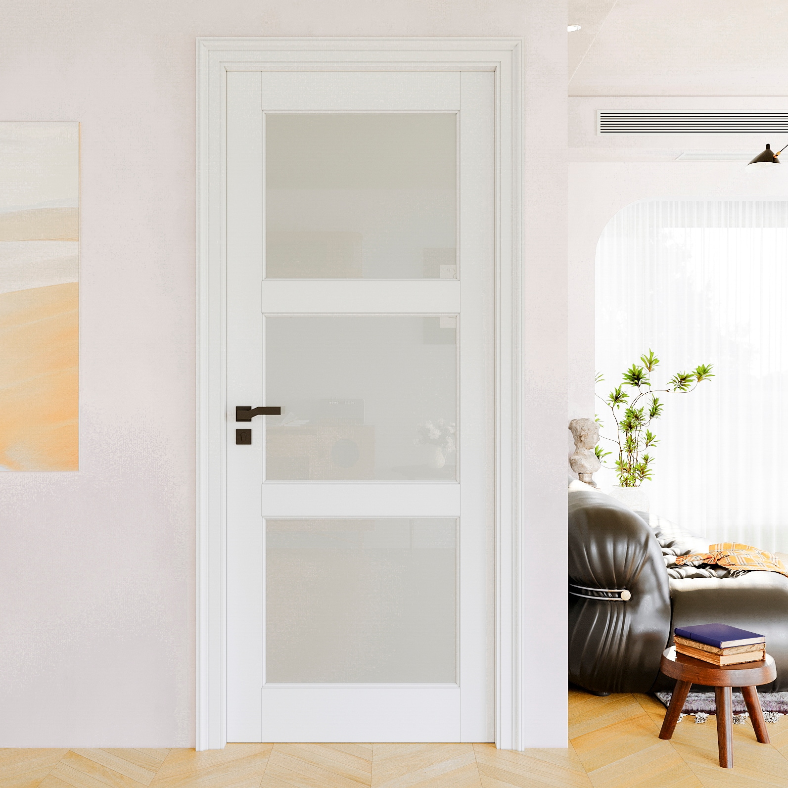 JUJUBON IN-SLABFM-SGBL-32 Traditional  32-in x 80-in White 3-panel square Frosted glass Smooth Solid core Prefinished MDF Slab Door