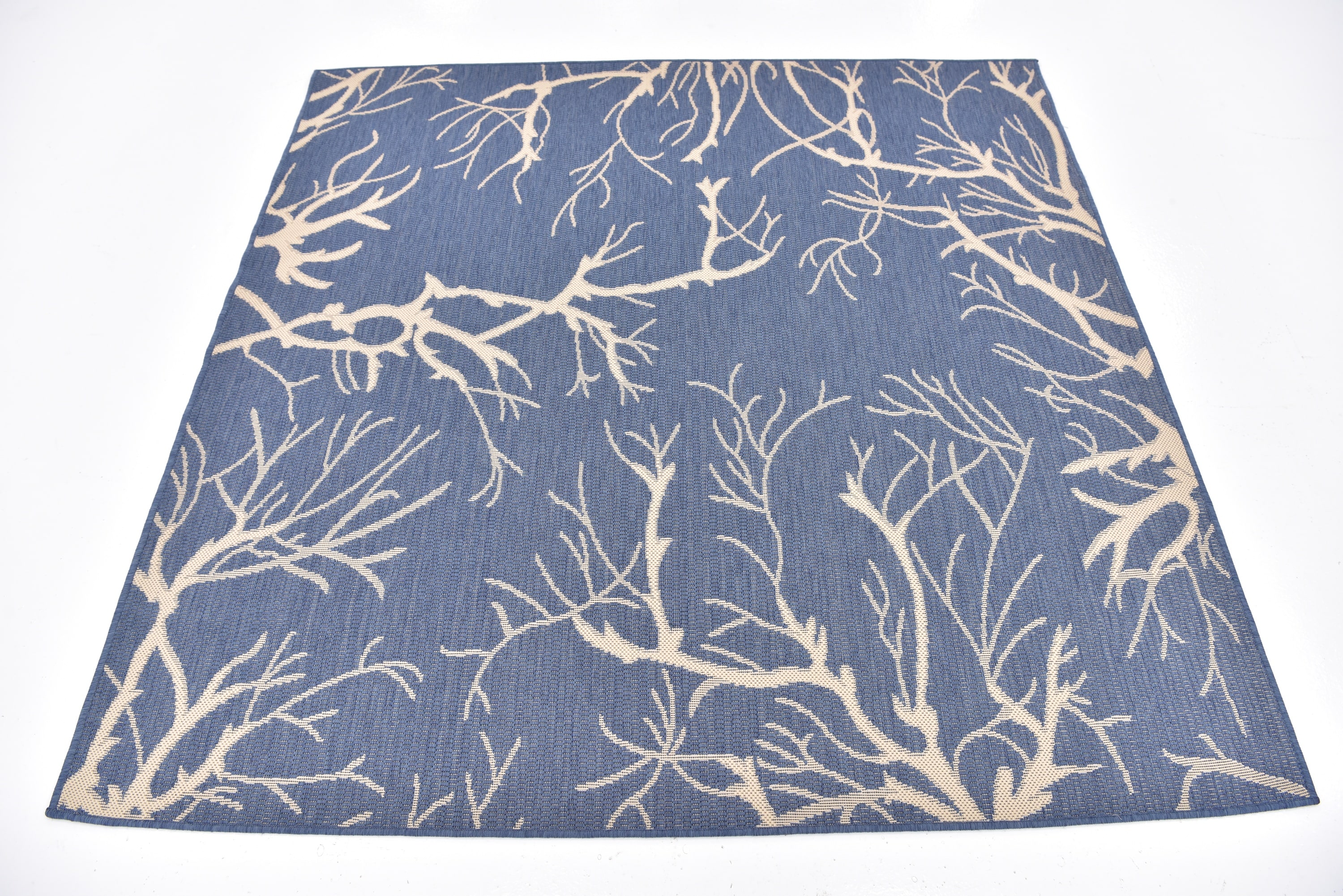 Unique Loom 3140659 Branch Outdoor 6 x 6 (ft) Loomed Polypropylene Navy Blue/Beige Square Indoor/Outdoor Floral/Botanical Area rug