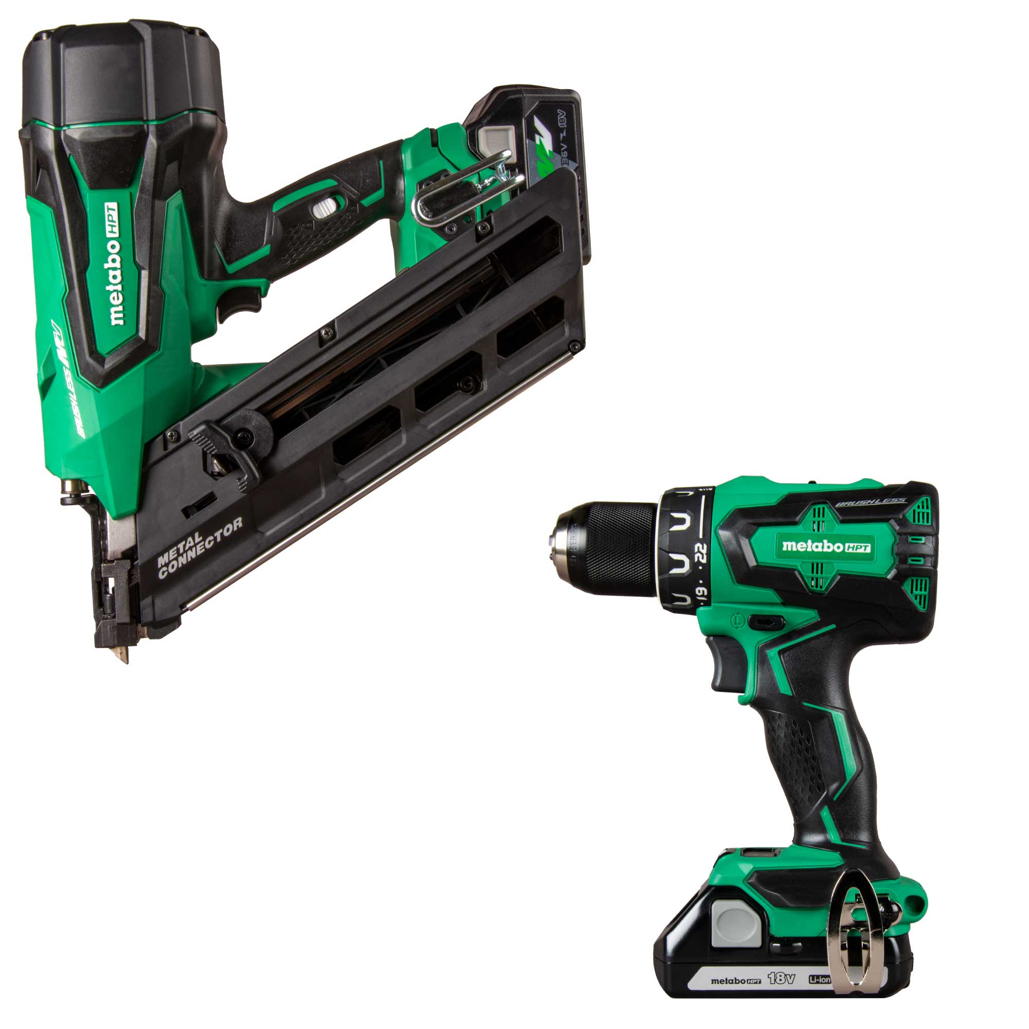 Metabo HPT MultiVolt 36-Volt Cordless Metal-Connecting Nailer with MultiVolt 18-volt 1/2-in Brushless Cordless Drill 2-batteries included and
