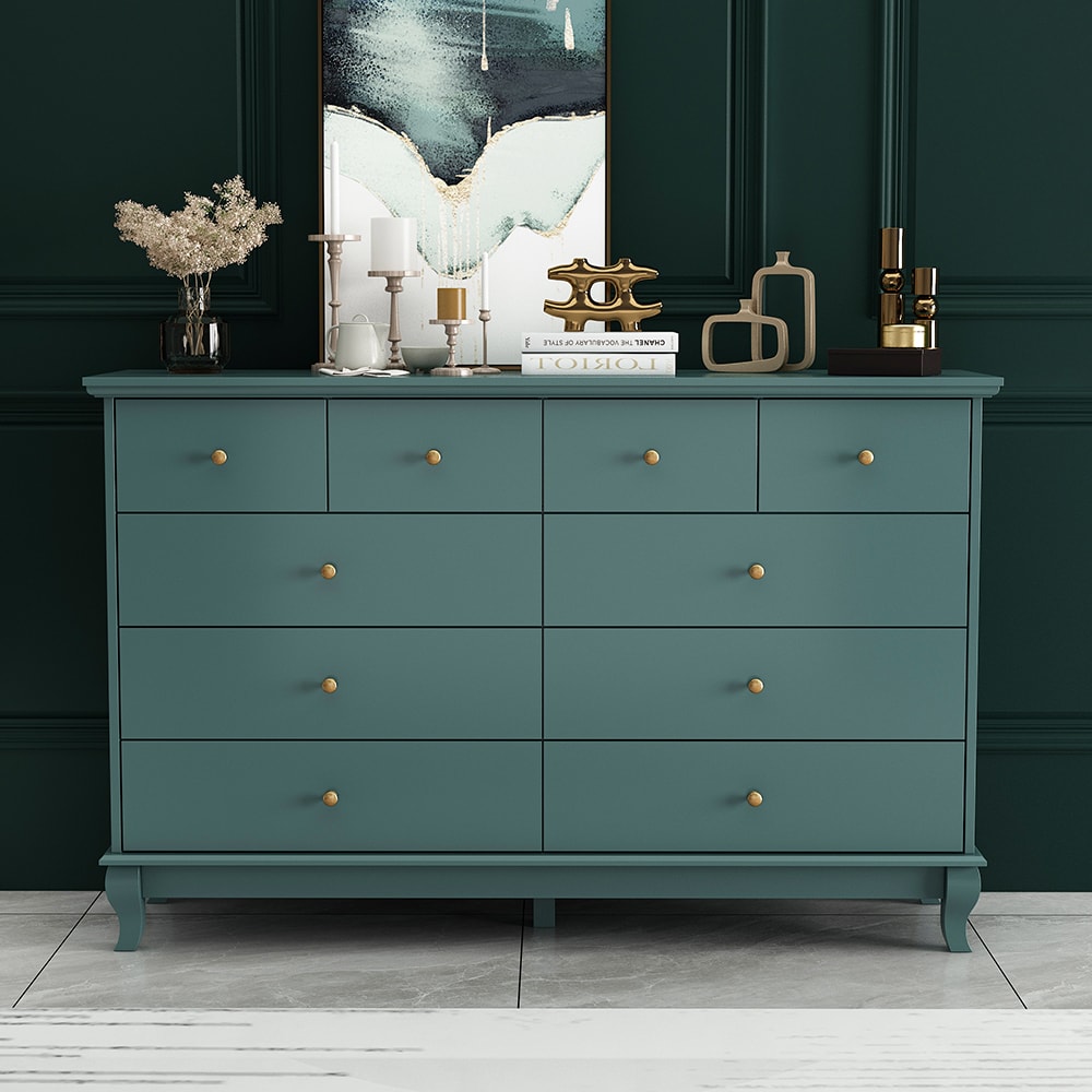 Homsee V-KF330034-03 10 Drawers Dresser for Bedroom Traditional Dresser Chest with Surface Painting and Gold Metal Round Knob Handles 55.1''L x 15.7''W x 35.4''H Blue