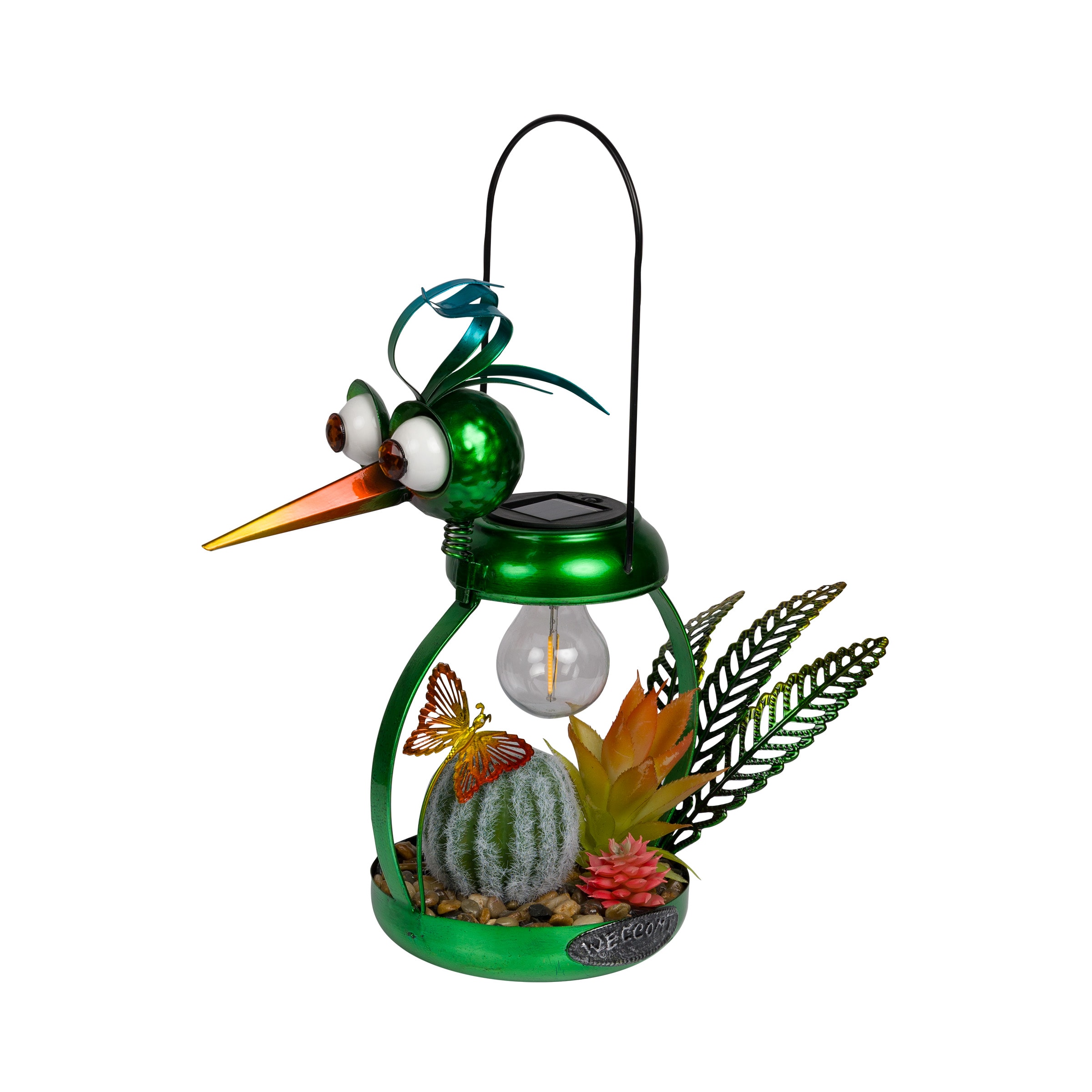 Whimsical Green Metal Heron with Solar LED Light