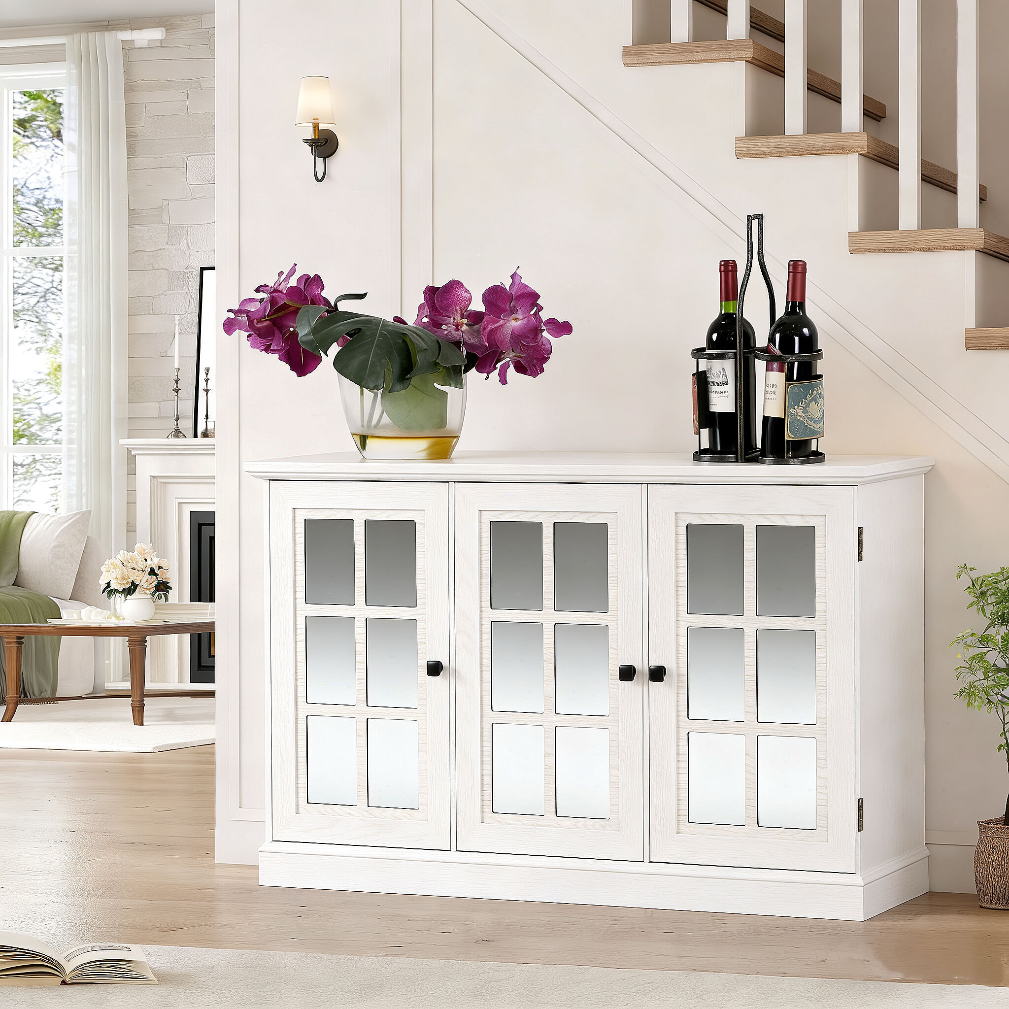 JUSHUA 45Inches wide Storage cabinet with 3 mirrored acrylic doors sideboard with adjustable shelves for living room dinning room kitchen made with decorative laminates and MDF substrate