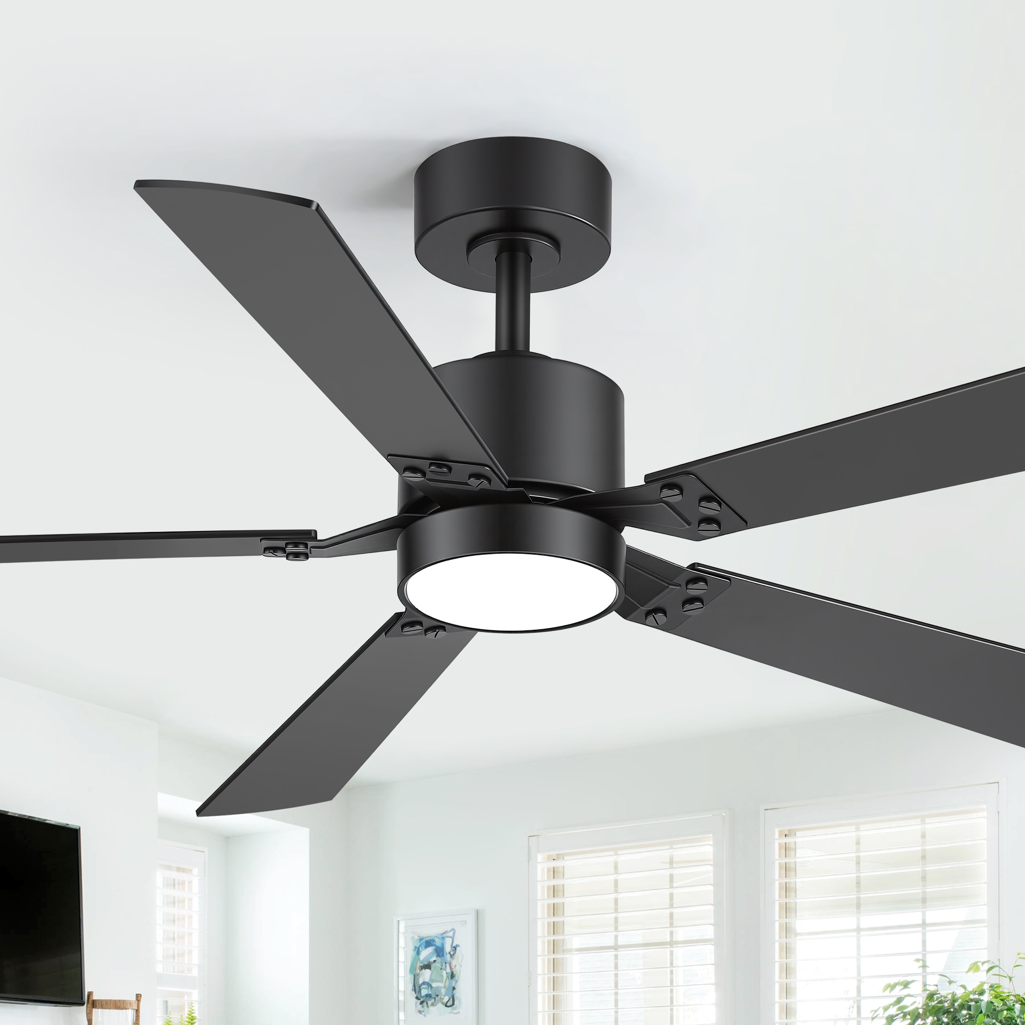Flashwind 52-in Matte Black Smart RGB LED Downrod Mount Ceiling Fan With App and Remote Control Included 5-Blade