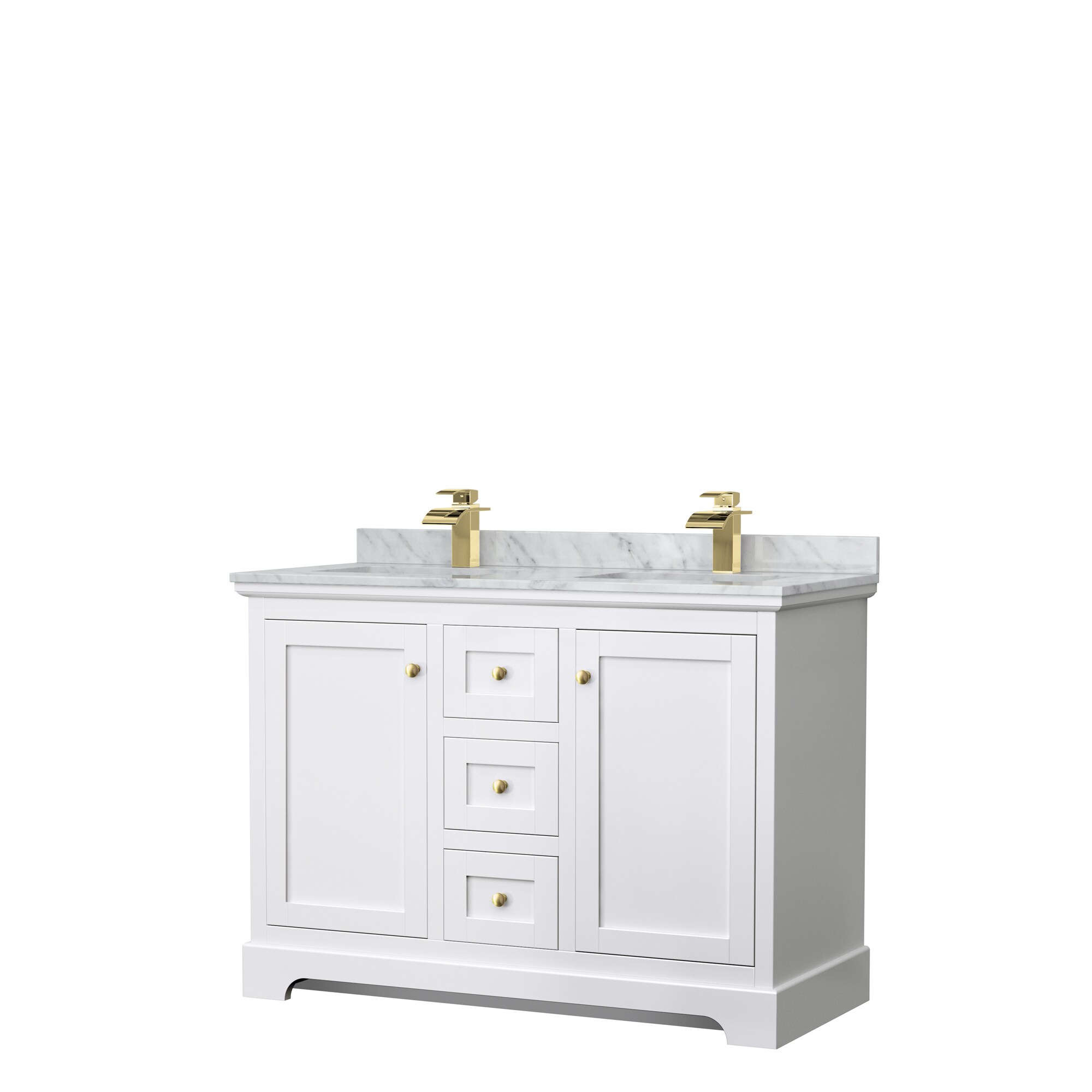 Wyndham Collection WCV232348DWGCMUNSMXX Avery 48-in White with Brushed Gold Trim Undermount Double Sink Bathroom Vanity with White Carrara Marble Marble Top