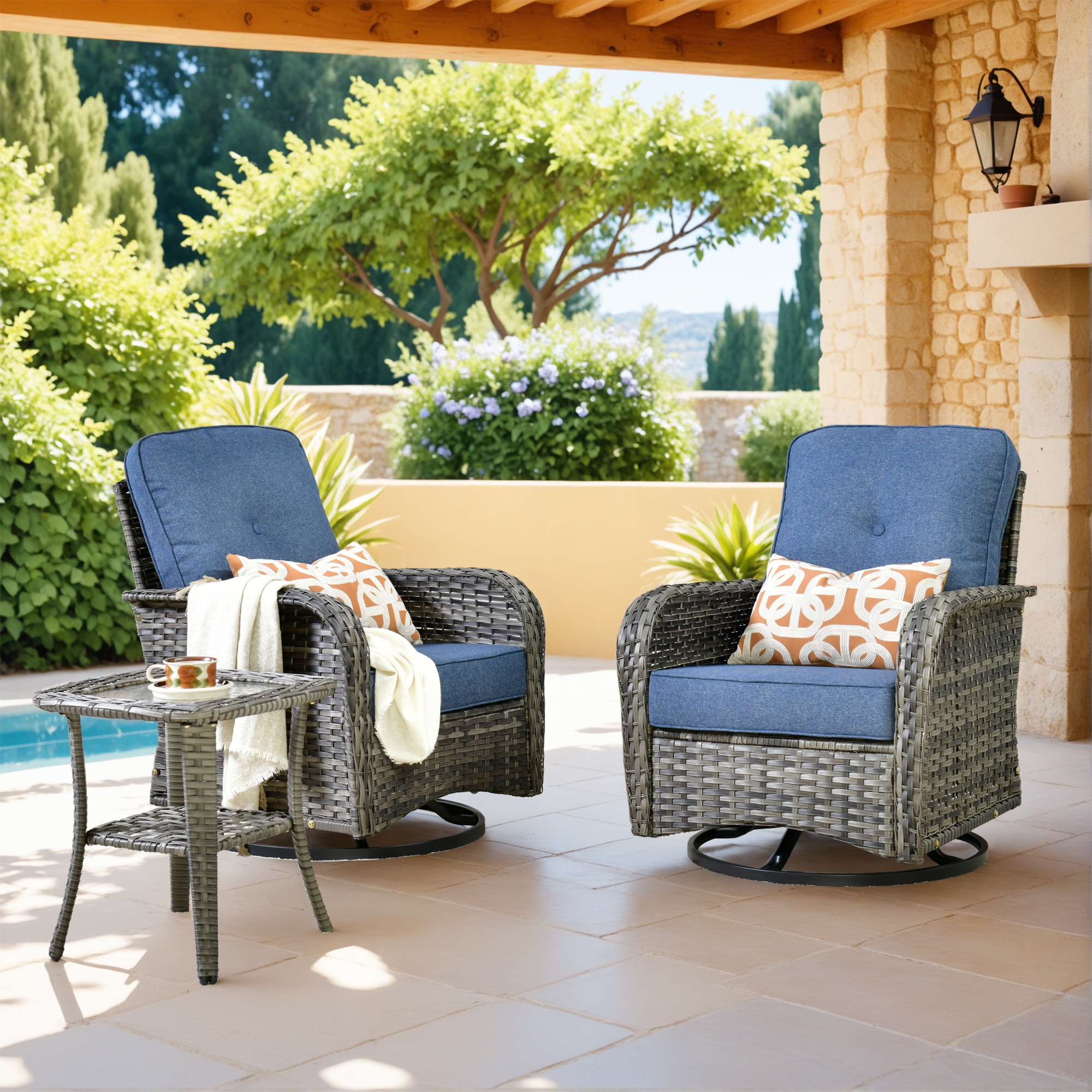 Pouuin SCNG303 Set of 2 Wicker Gray Metal Frame Swivel rocker Rocking Chair with Blue Cushioned Seat