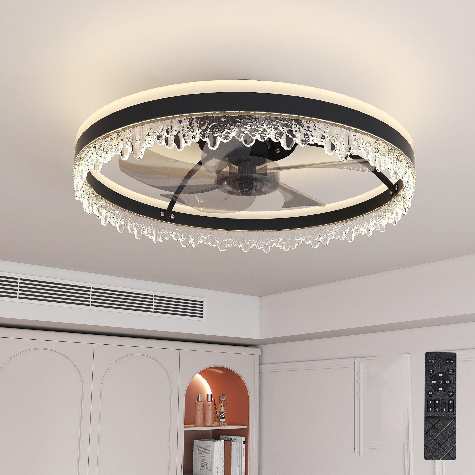 BABOOM BOM-4106215-OR 20-inch Black Smart Ceiling Fan Light 19.7-in Color-Changing Integrated LED Flush Mount black with ABS Blades Fandelier Ceiling Fan With Light - Remote Included ( 5 -Blade )
