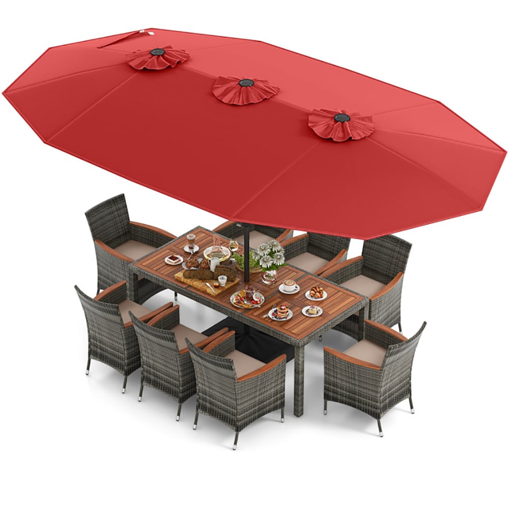 CASAINC CA-72ATE5 10 -Piece Gray Rattan Patio Dining Set Wood Rectangle Table with 8 Brown Cushions Stationary Chairs and Umbrella Included