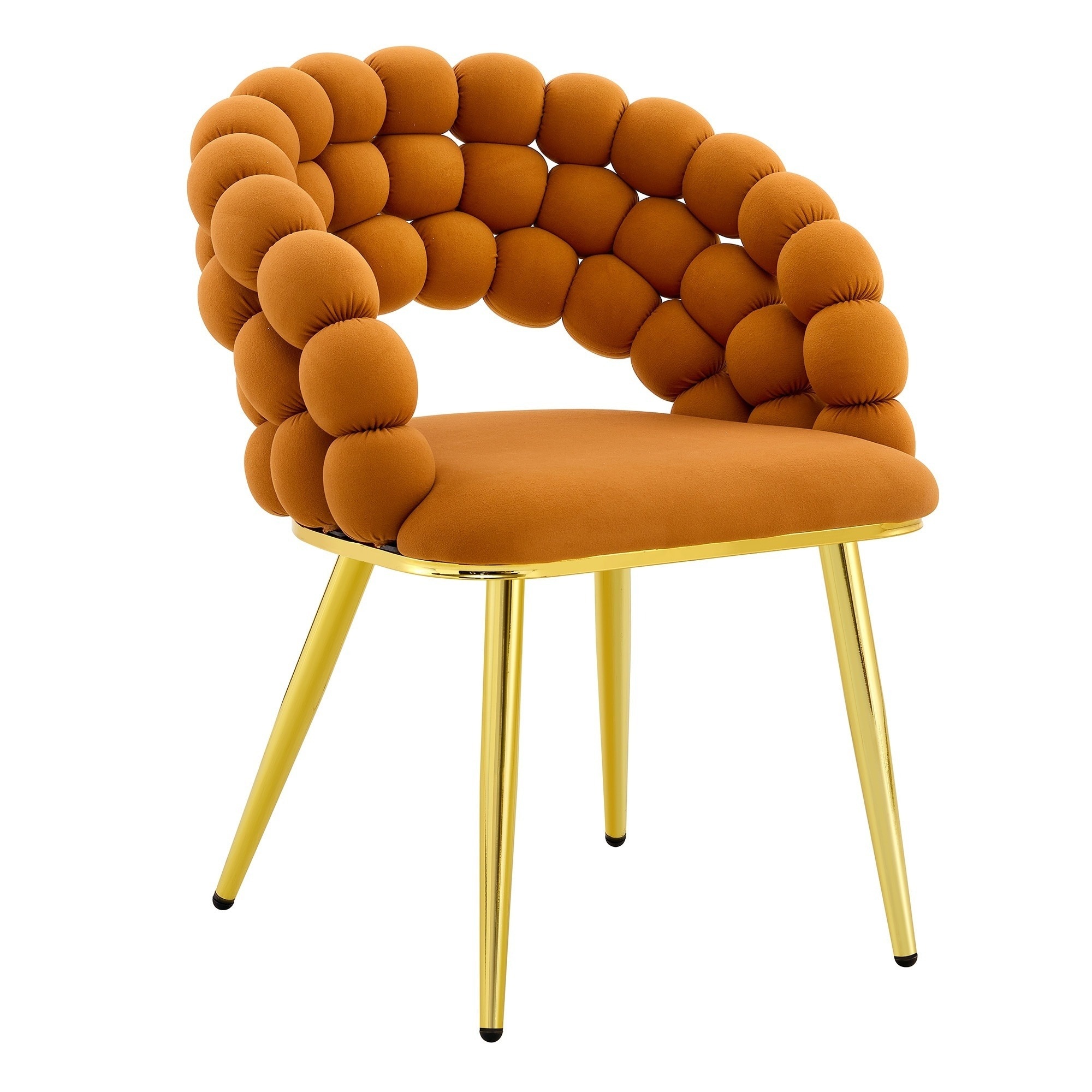 UOI - Set of 2 Orange Velvet Puffy Bubble Ball Chain Dining Chairs with Gold Plated Legs and Uniq...