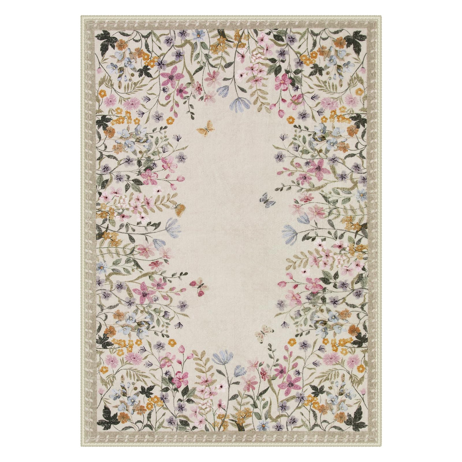 Lahome RR-DYR-036-W4 6 x 9 (ft) White GST Loop Floral Surround Short Pile Velvet Rectangular Indoor Area Rug